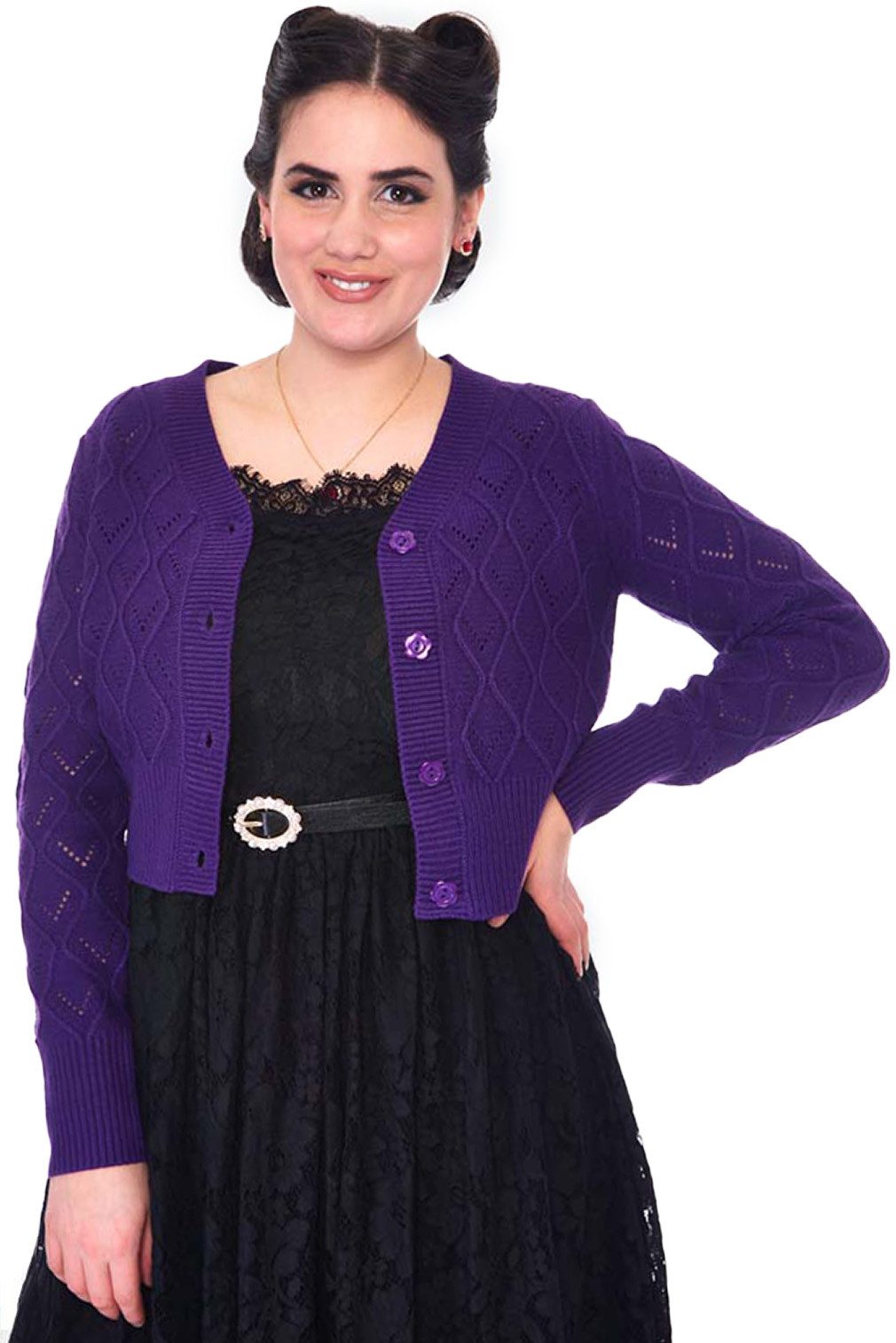Voodoo Vixen Strickjacke Purple Chunky Knit Cardigan Retro Vintage Cardigan Diamantenmuster