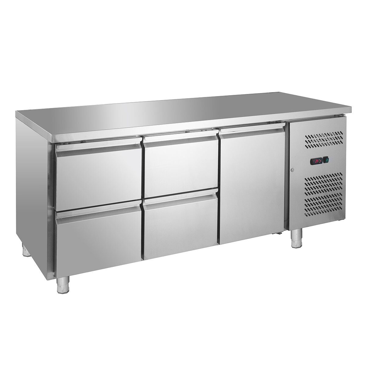 GastroHero Dönergrill Kühltisch Edelstahl GN 1/1 - 1 Tür 4 Schubladen, 275 W, LED-Display, automatische Abtauung, geringer Energieverbrauch