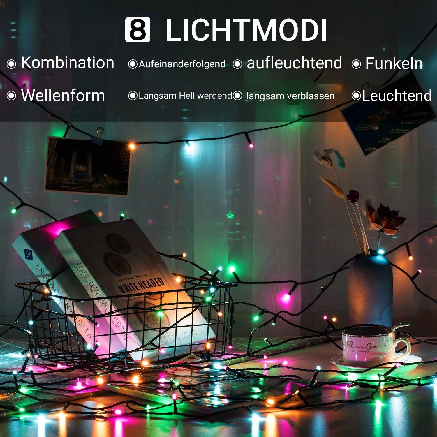 Weihnachtsdeko, Lichterkette Modi, 100M außen Cluster Quntis für LED-Lichtervorhang und Weihnachtsbäume Lichterkette 200-flammig, bunt 8 IP44