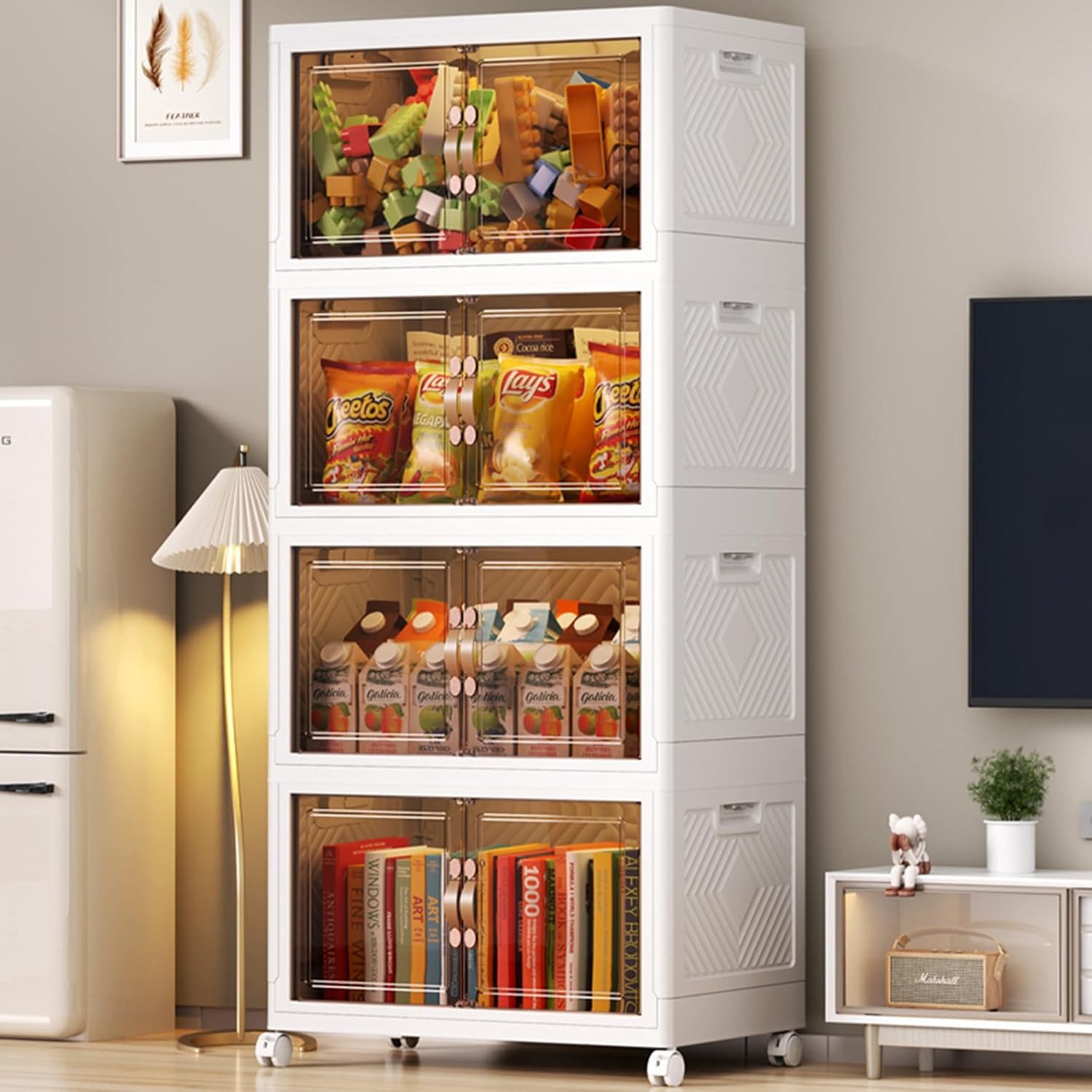 BlingBin Aufbewahrungsbox Stapelbox Stapelbare Aufbewahrungsbox mit Deckel,Schrank Organizer (Faltbare Aufbewahrungsbox mit Rollen und Magnettür, 1 St., 4-Schicht Stapelbare Kunststoffbox mit Doppeltür und Deckel), Kunststoff-Aufbewahrung für Kleidung, Spielzeug, Küche & Wohnzimmer