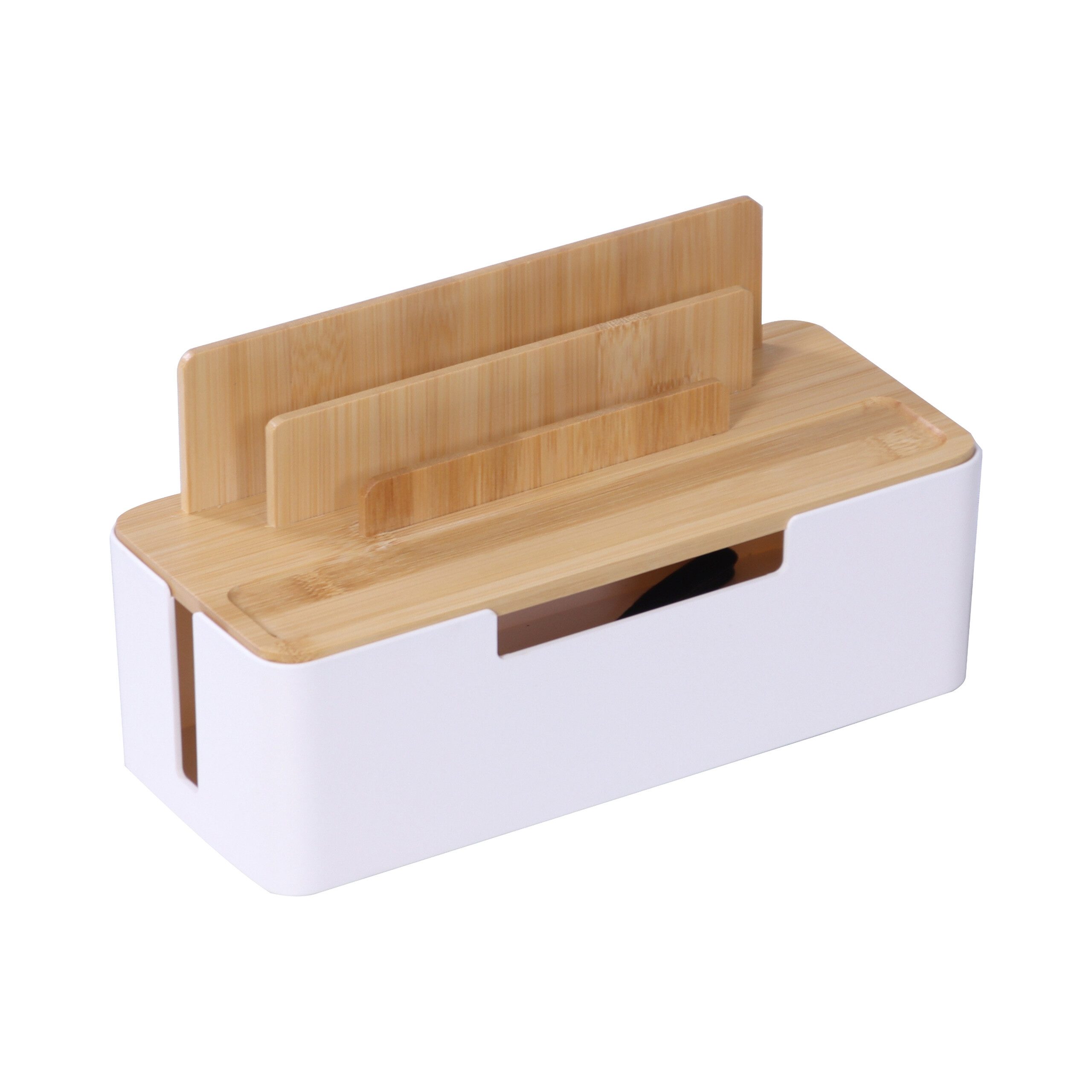 relaxdays Kabelbox mit Handyhalt, Natur-Weiß