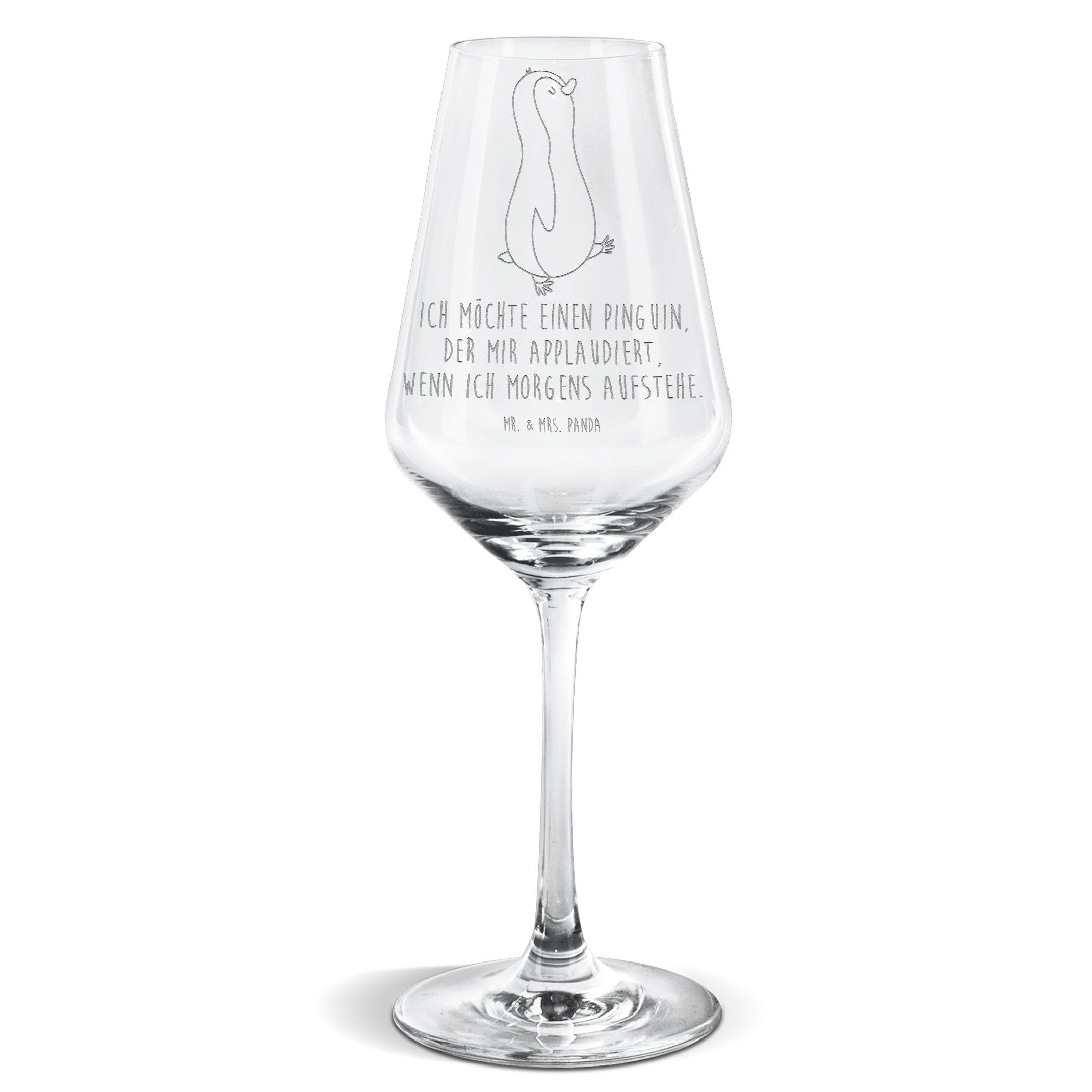 Mr. & Mrs. Panda Weißweinglas Pinguin marschieren - Transparent - Geschenk, Geschenk für Weinliebha, Premium Glas, Exklusives Design
