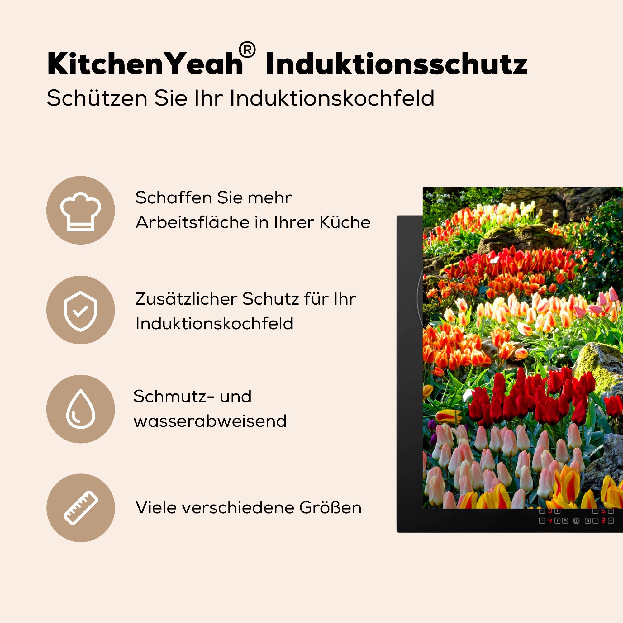MuchoWow Herdblende-/Abdeckplatte Bunte Tulpen auf tlg), küche, dem Niederlanden, in Schutz cm, Keukenhof Ceranfeldabdeckung Induktionskochfeld Vinyl, (1 81x52 die für den