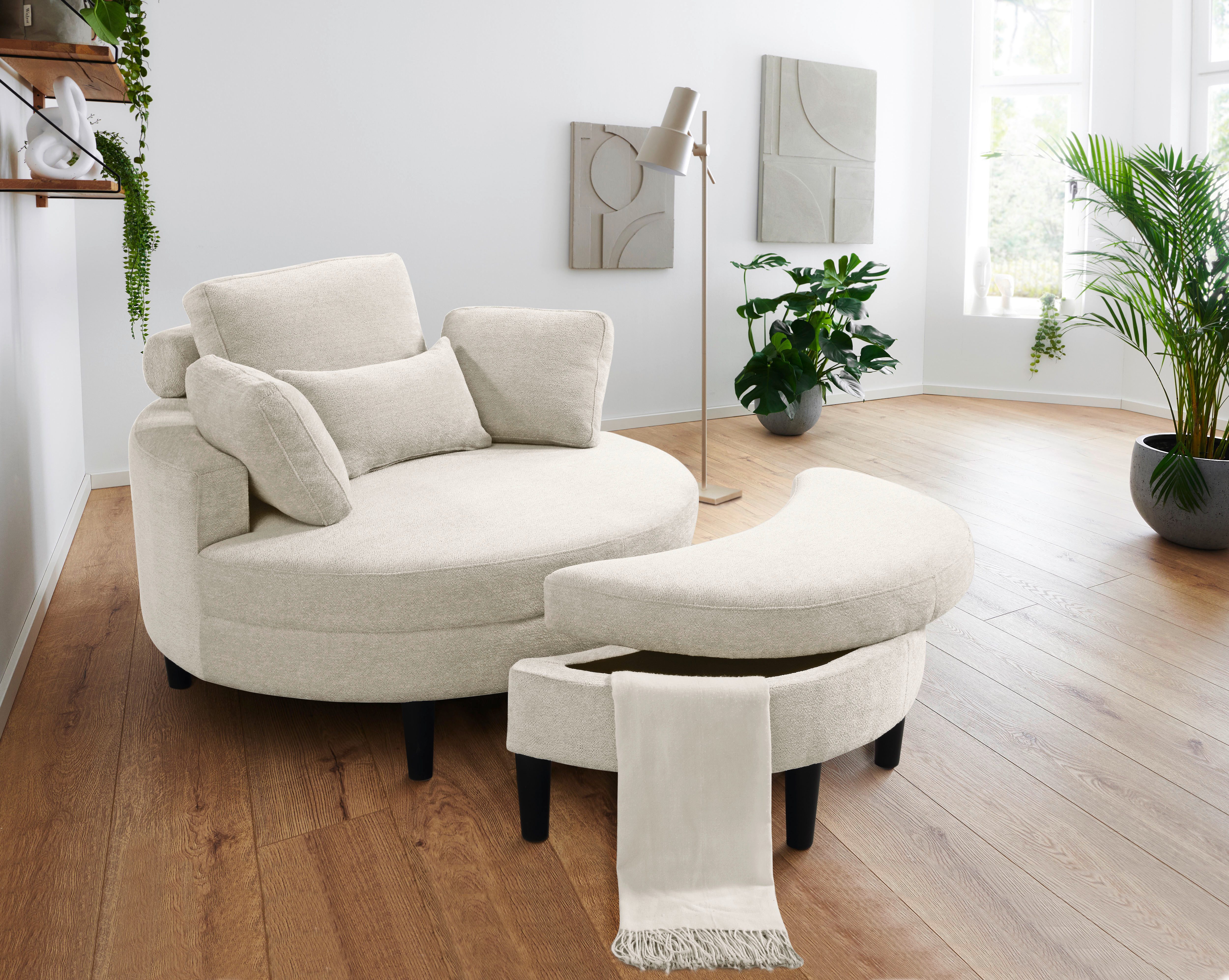 ATLANTIC home collection Loveseat Ravi Sessel, B: 114 cm, Sitzhöhe: 42 cm, XXL- Sessel, mit Stauraumhocker, Rückenstütze & 4 Zierkissen
