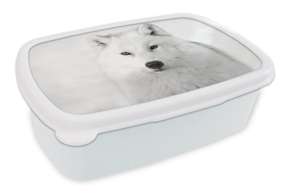MuchoWow Lunchbox Porträt eines Wolfes - schwarz und weiß, Kunststoff, (2-tlg), Brotbox für Kinder und Erwachsene, Brotdose, für Jungs und Mädchen