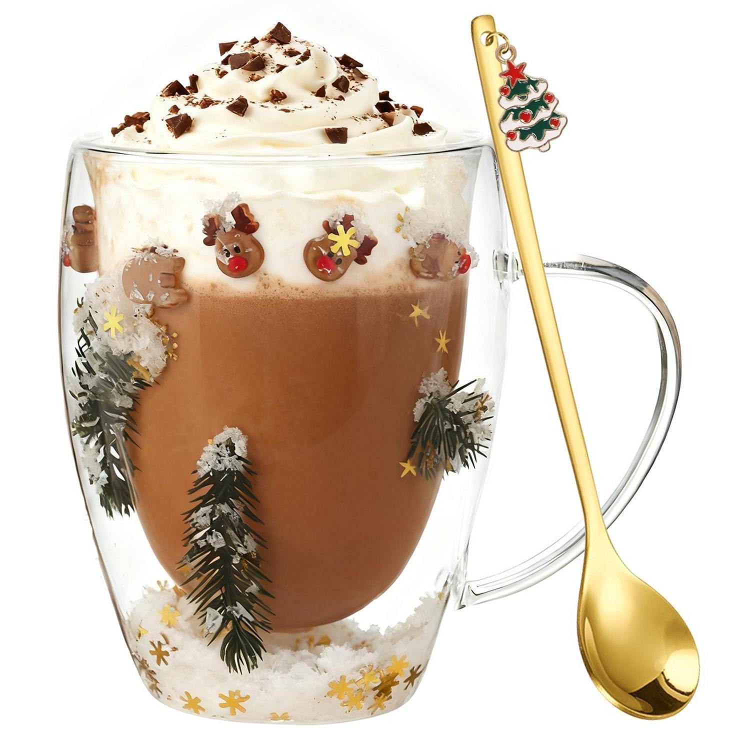 LuxusKollektion Thermoglas Weihnachtstasse Glas 350ml Doppelwandig mit Löffel, Glas