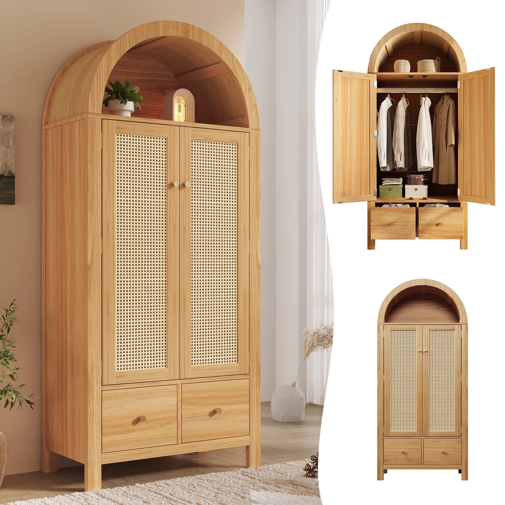 BlingBin Kleiderschrank 2 Türen 2 Schubladen mit Kleiderstange & Magnetverschluss (1er Set, 1-St., 181x78x45 cm) Kleiderschrank 181x78x45cm Eicheoptik Landhausstil,Rattan-Geflecht
