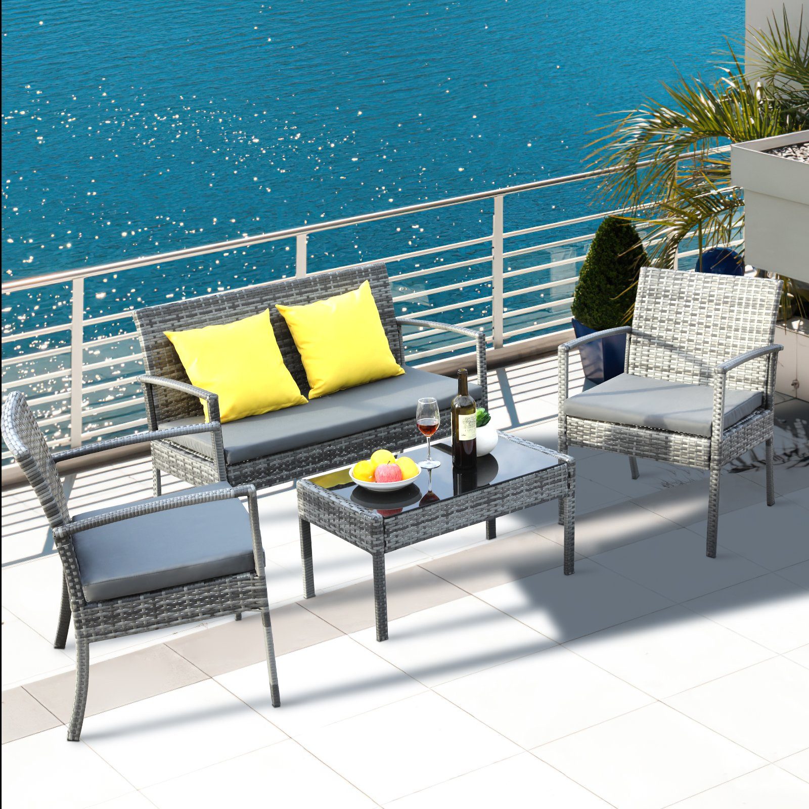 Femor Gartenlounge-Set, für Terrasse, Outdoor, Rattan, Tisch und Stühle