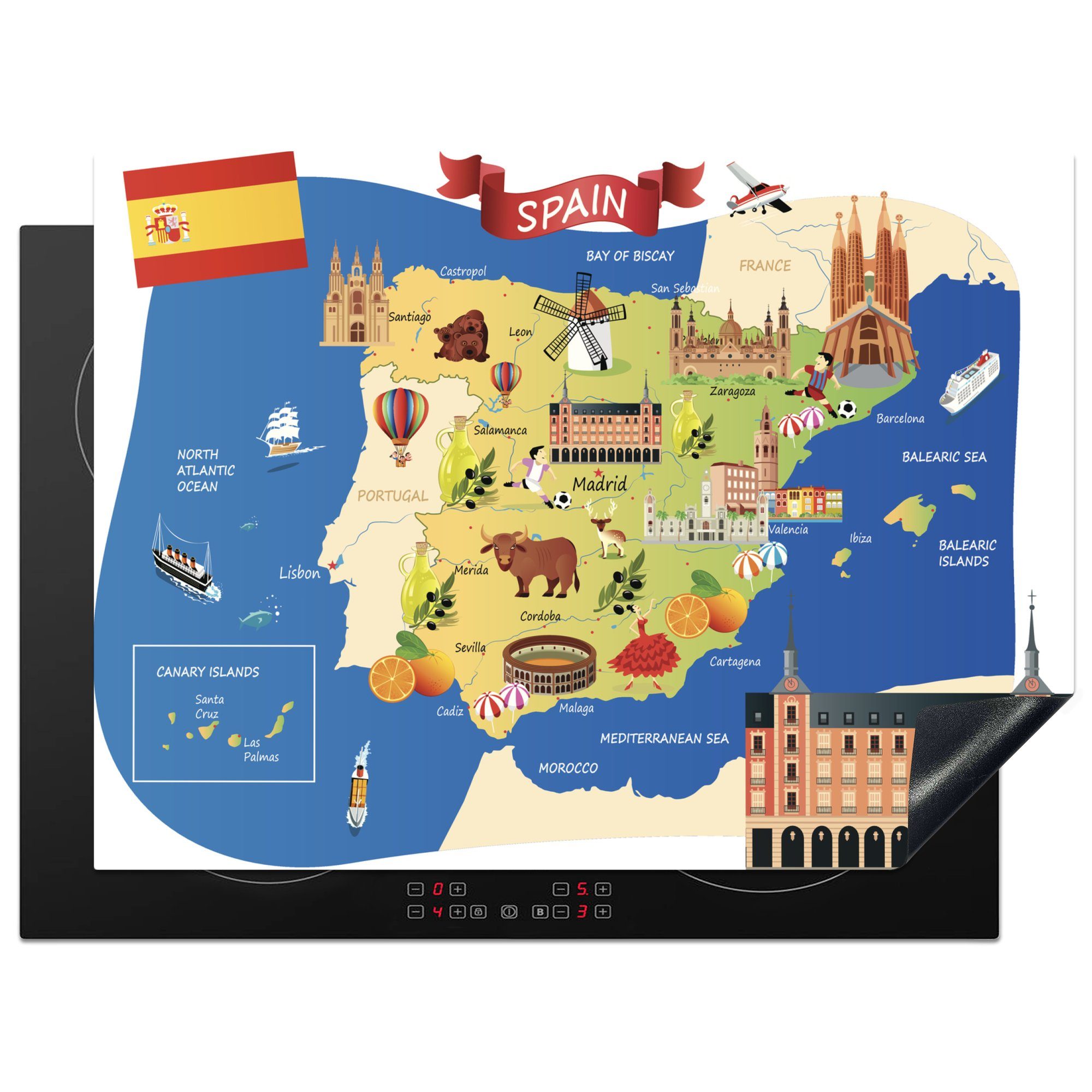 MuchoWow Herdblende-/Abdeckplatte Karte von Spanien mit Abbildungen von Sehenswürdigkeiten, Vinyl, (1 tlg), 70x52 cm, Mobile Arbeitsfläche nutzbar, Ceranfeldabdeckung