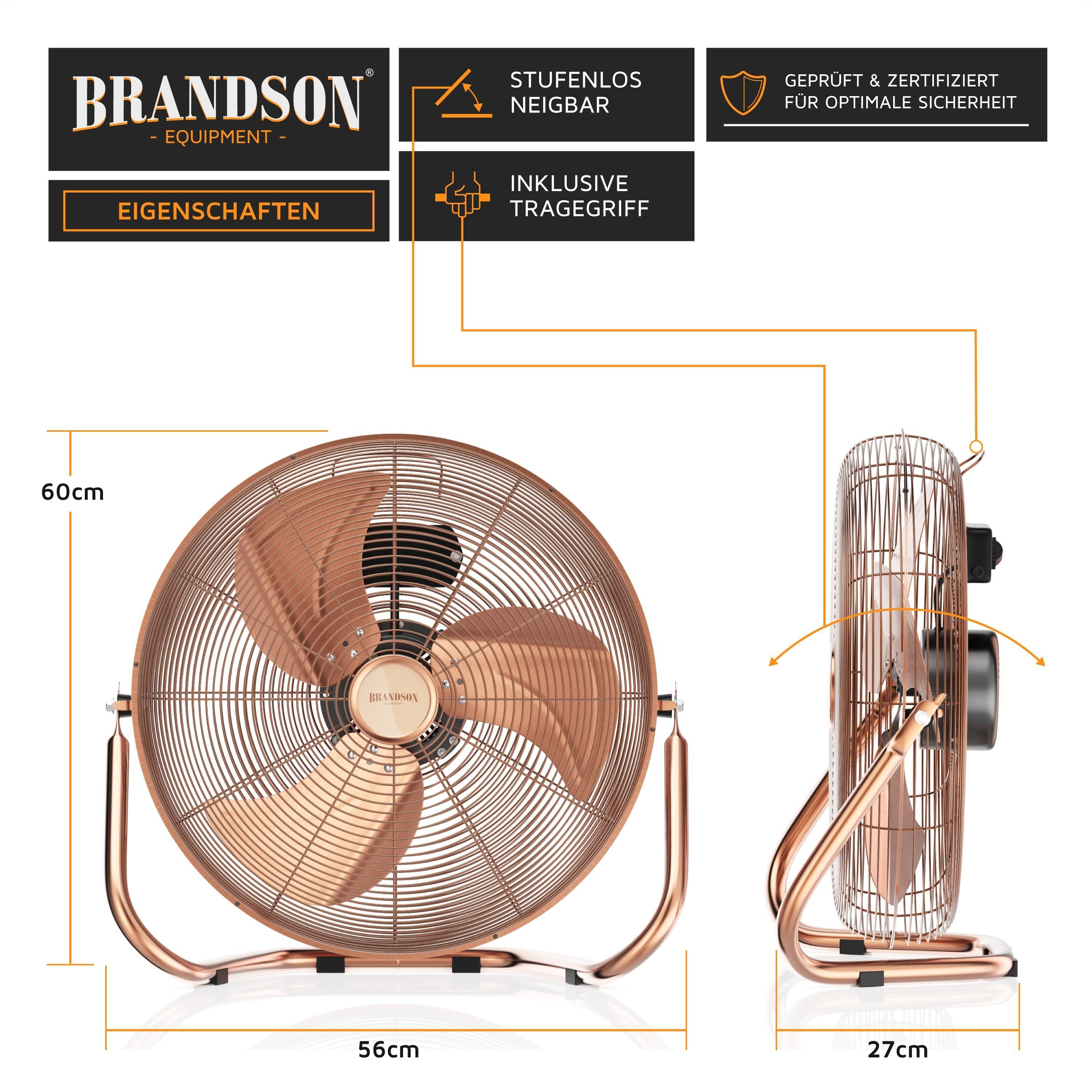 Brandson Windmaschine Bodenventilator, Retro Stil, hoher Luftdurchsatz, 160W, Kupfer, 53,5 cm Durchmesser, NTV Sieger 2026, robuster Stand, stufenlos neigbar, GS-Geprüft