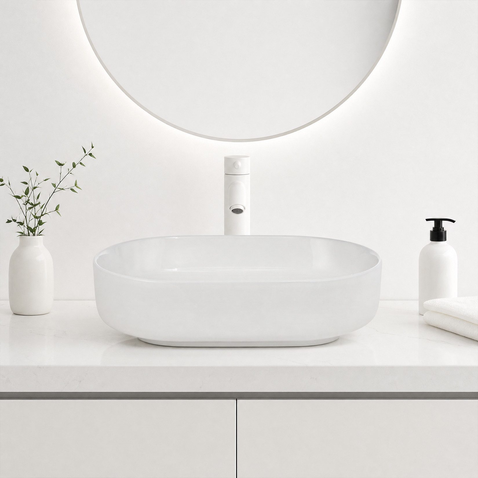 GarveeMore Aufsatzwaschbecken aus Keramik mit dünnem Rand für Badezimmer, Künstlerisches Design, leichte Reinigung, oval/konisch, weiß