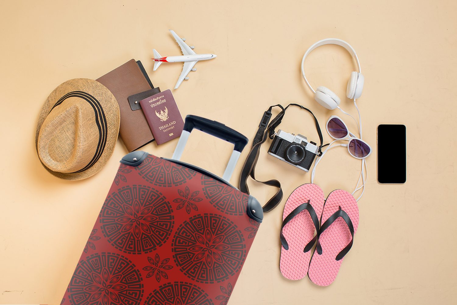 rollen, Ferien, - Reisetasche Chinesisch für Rollen, MuchoWow - Muster Handgepäckkoffer Handgepäck mit Reisekoffer Rot, 4 Trolley,