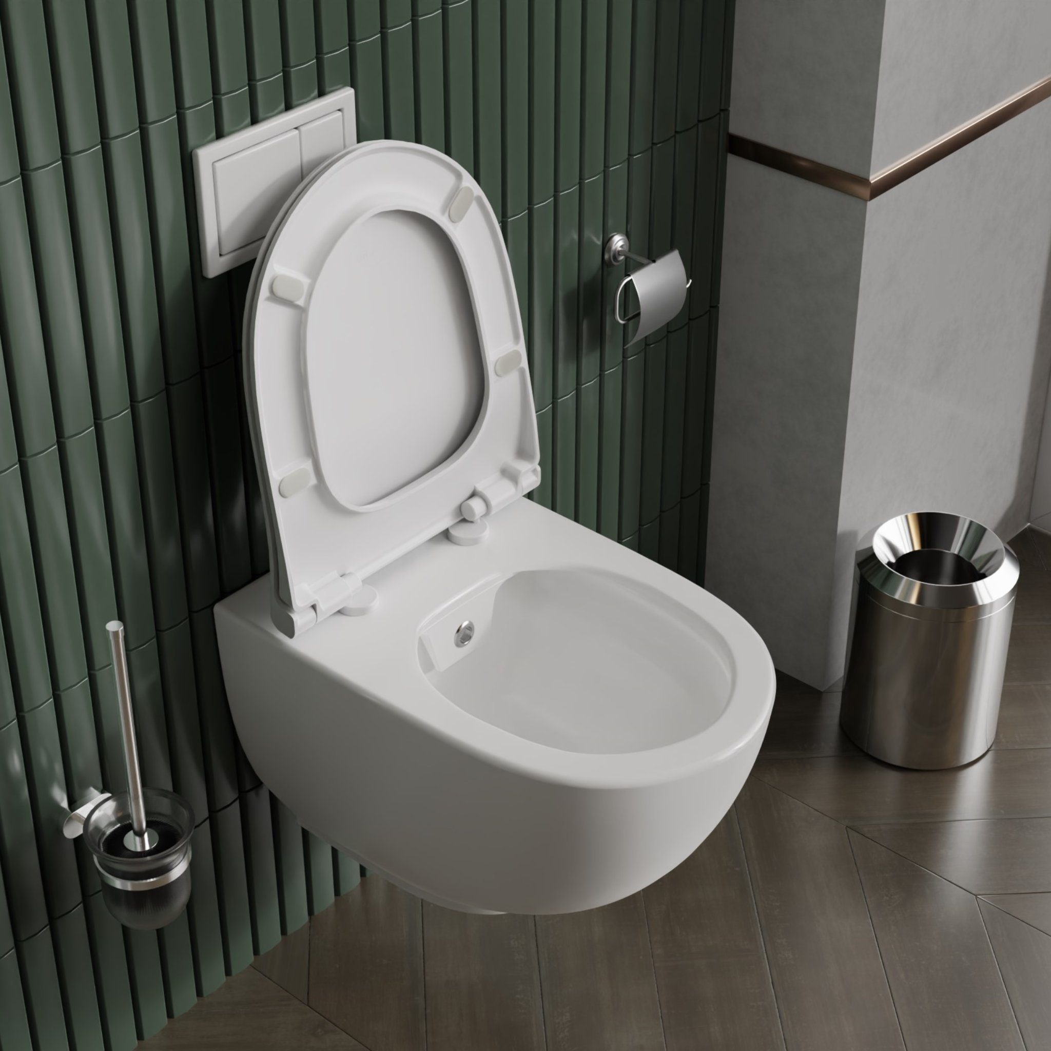 Karen Tiefspül-WC Toilette Vista, wandhängend, Abgang waagerecht, Komplett-Set aus Toilettenkeramik mit Taharet und WC-Sitz aus Duroplast, Spülrandlos, Duschfunktion, WC-Deckel mit Absenkautomatik