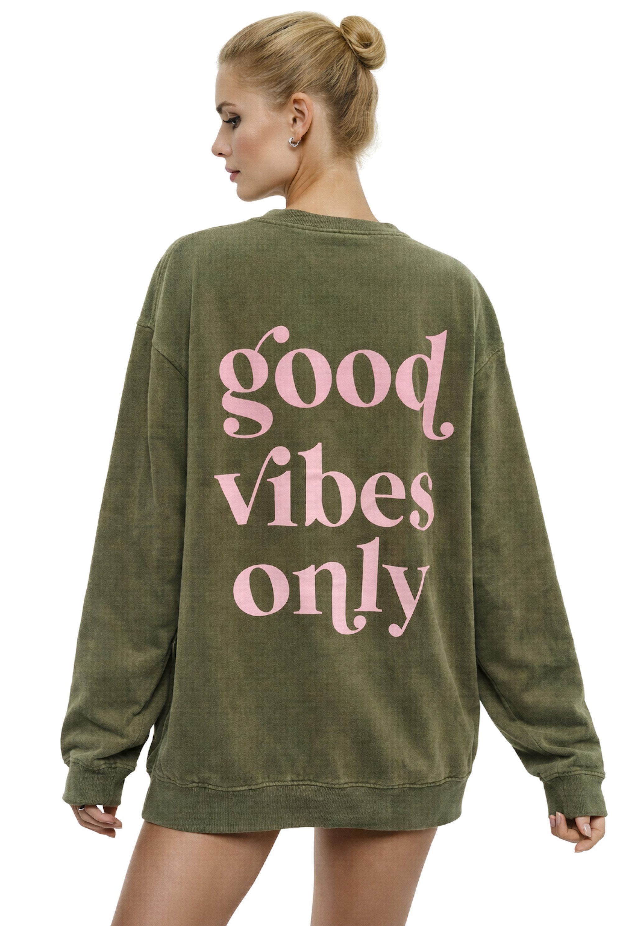 Worldclassca Sweatshirt Worldclassca Oversized Sweatshirt Good Vibes Print Langarm Pullover Freizeit Shirt