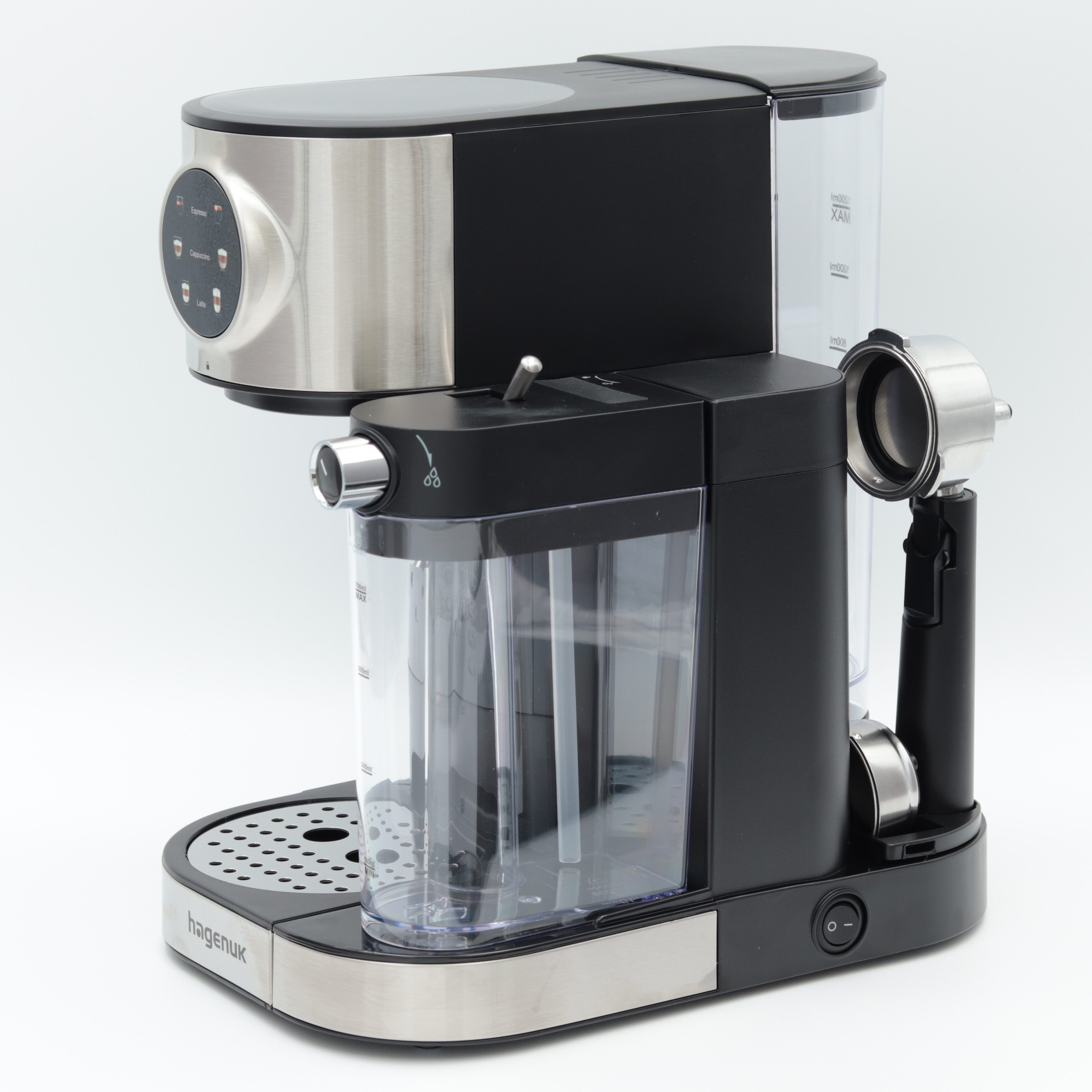 Hagenuk Siebträgermaschine, Edelstahlfilter, Color-Touch-Display, Reinigungsprogramm, abnehmbarer Milchtank