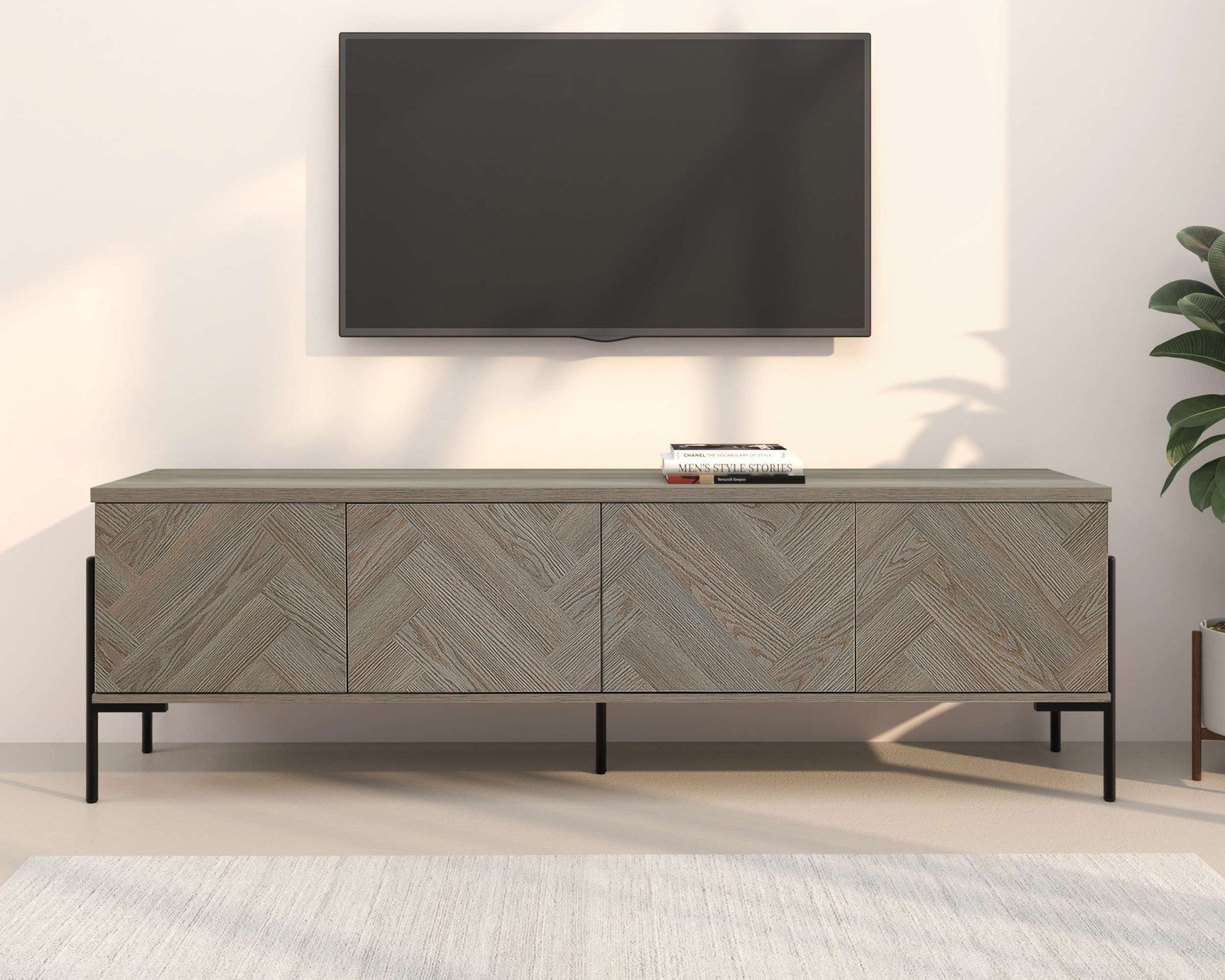 OTTO home Lowboard Eadwine, TV-Kommode, Push-to-open, Türen mit Fischgräten Muster, Breite 175 cm