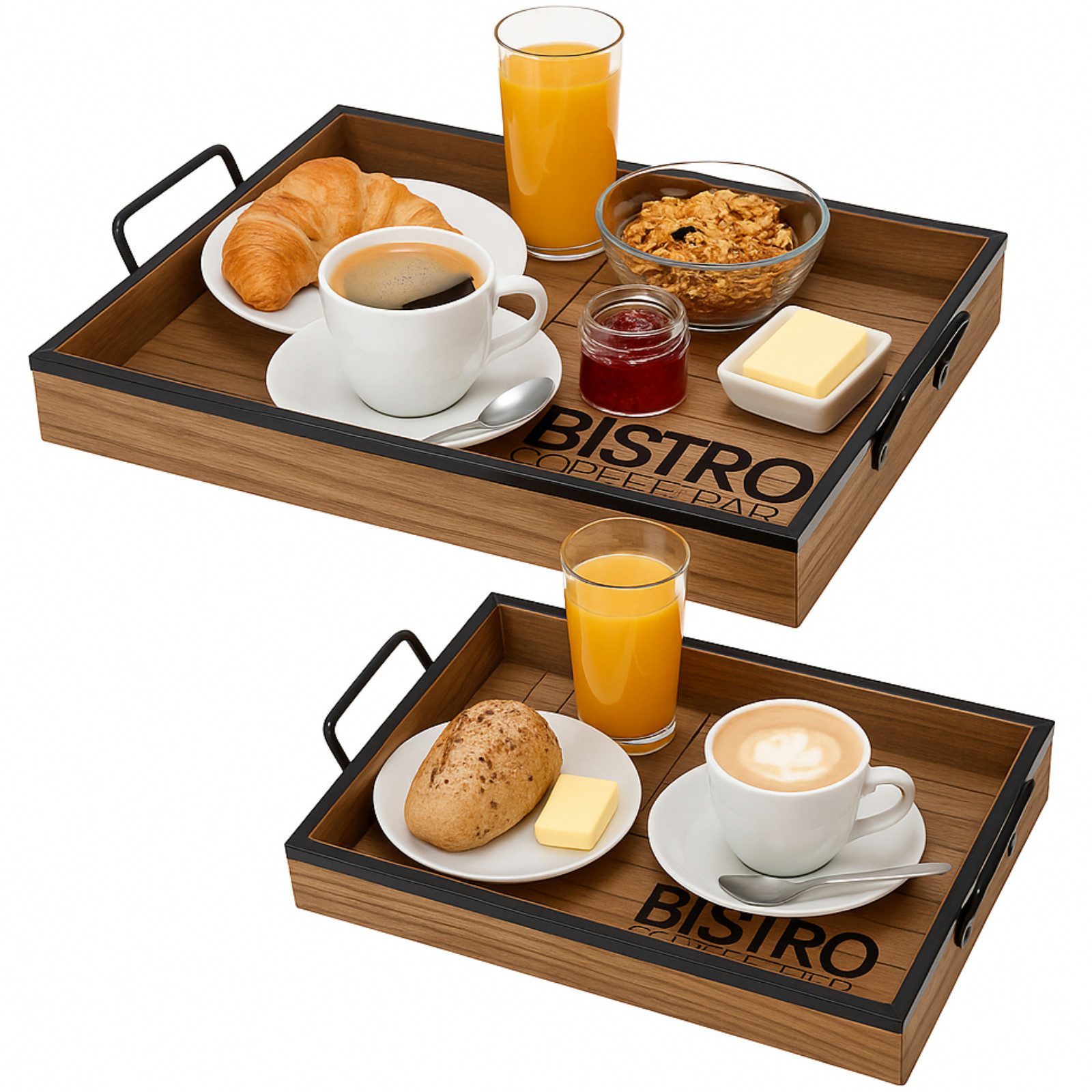 Koopman Tablett Servietablett Bistrotablett Frühstückstablett Metall Holz 2er Set, Holz, (2-tlg), 2 Größen, 40x25cm, 45x30cm, 2 Tragegriffe