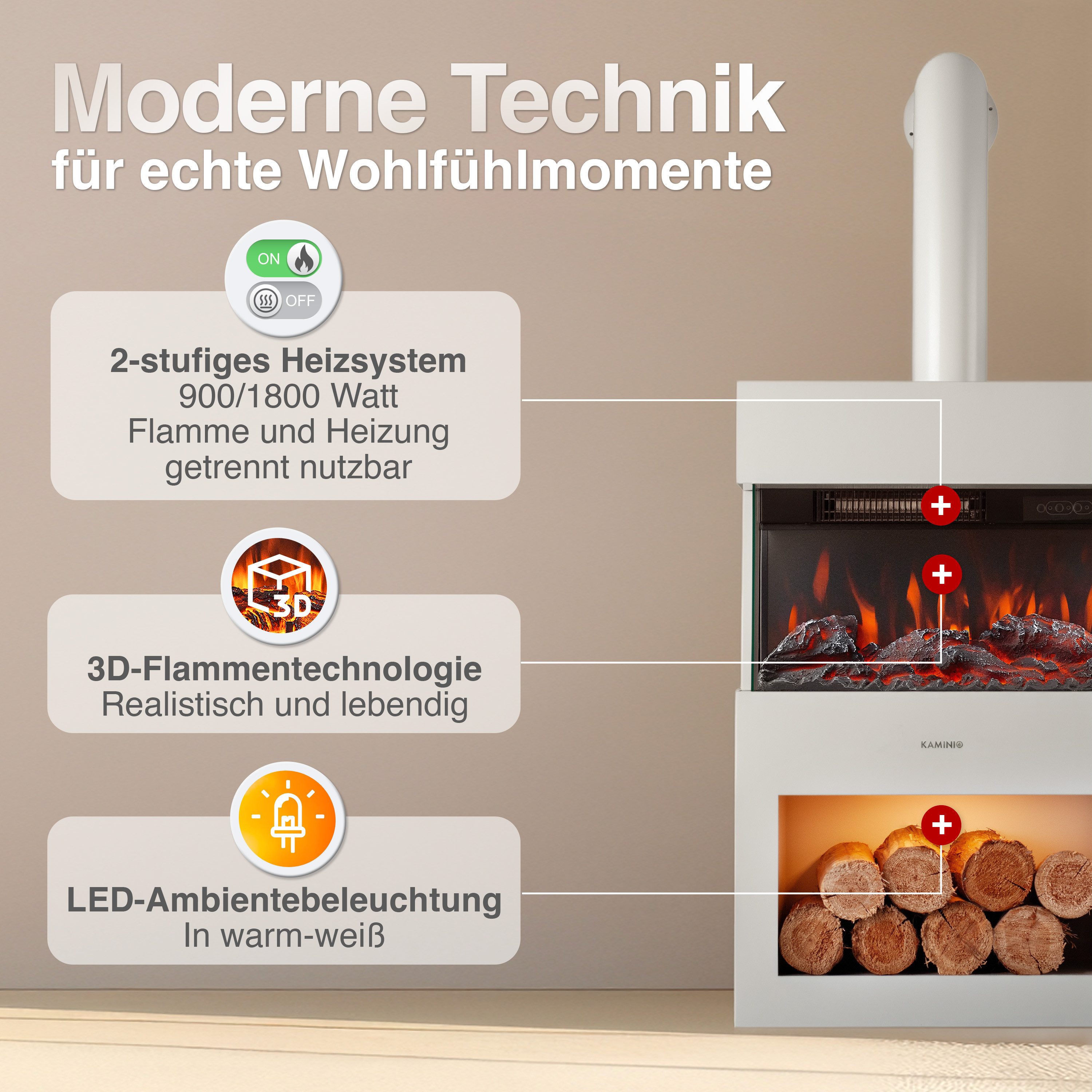 KAMINIO Elektrokamin HENRI mit Abzugsrohr, Elektrischer Kamin mit 3D-Flammeneffekt, Heizung 2000W