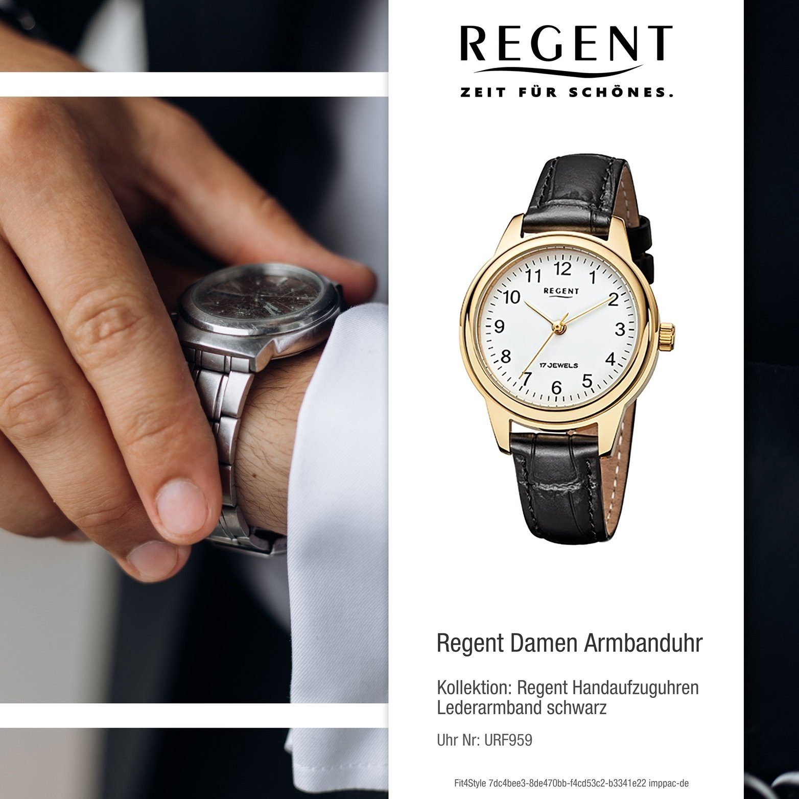 (ca. Lederarmband, Quarzuhr Elegant- Uhr F-959 mittel Gehäuse, 31mm), Damenuhr mit Regent Damen Leder Handaufzug, Regent rundes