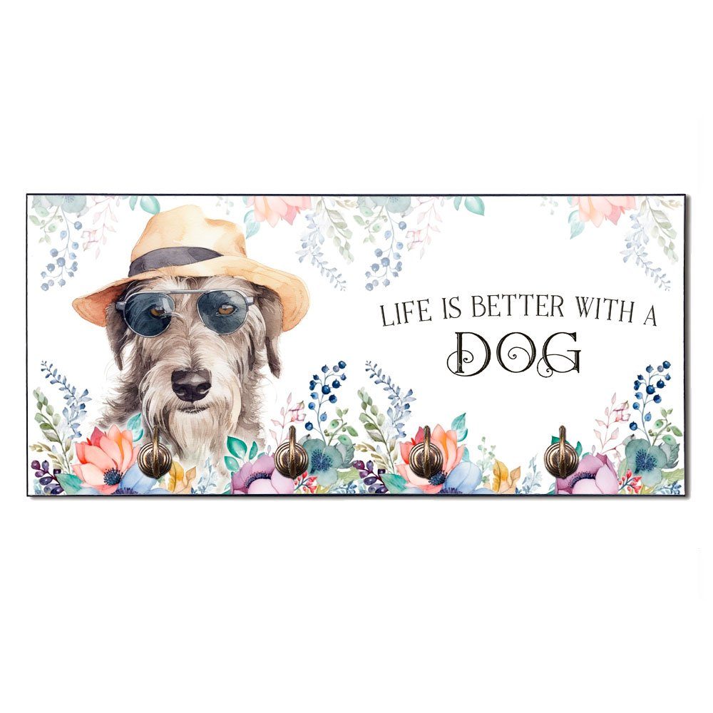 Cadouri Wandgarderobe IRISCHER WOLFSHUND Hundegarderobe - Wandboard für Hundezubehör (Garderobe mit 4 Haken), MDF, mit abgeschrägten Ecken, handgefertigt, für Hundebesitzer