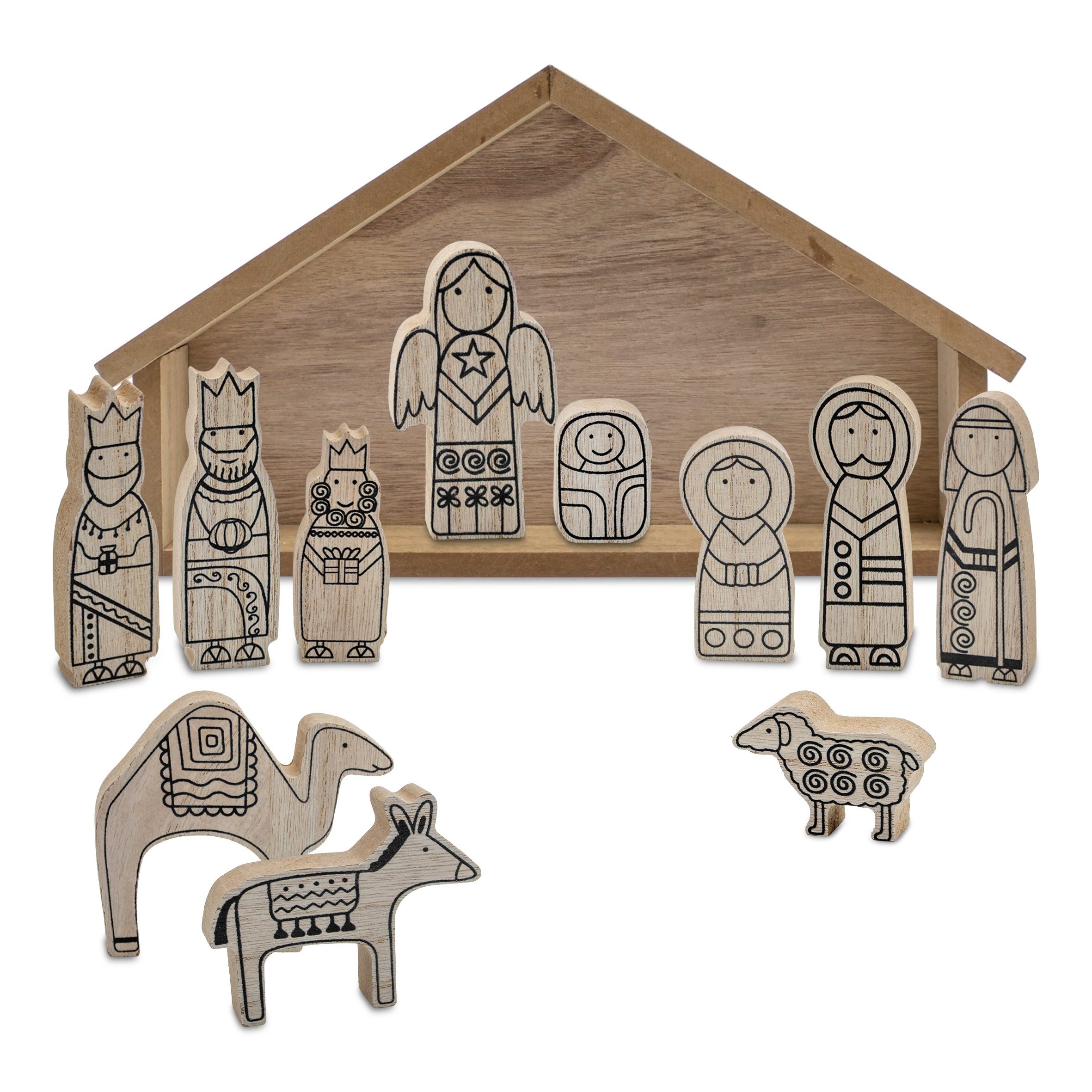 Krippe Weihnachts Krippenstall und Figuren aus Holz natur - 12 teilig
