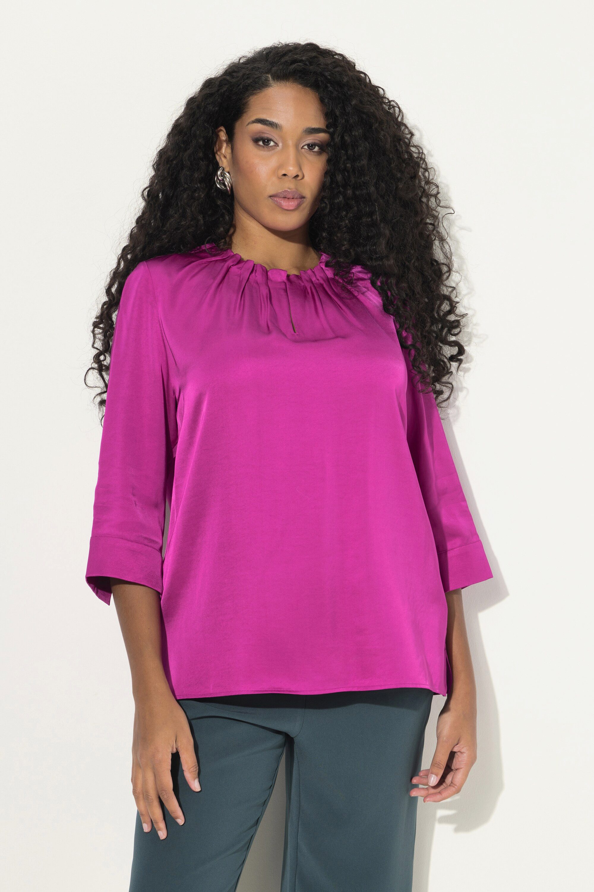 Druckbluse Bluse gekräuselter Ausschnitt 3/4-Arm