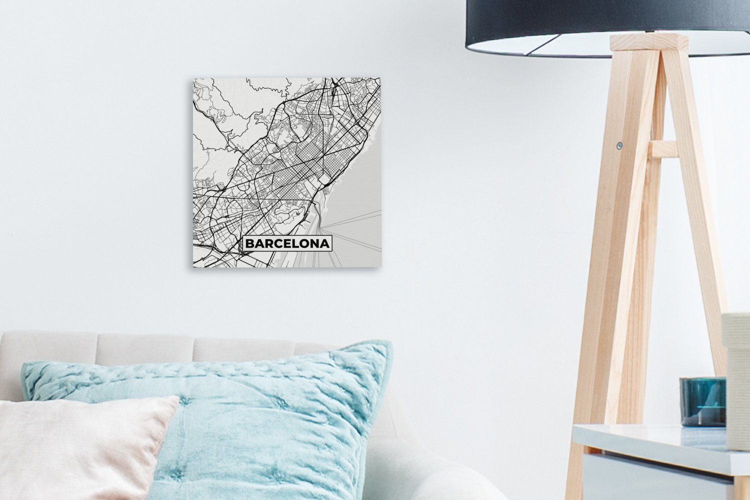 OneMillionCanvasses® Leinwandbild Karte - Schlafzimmer Leinwand Bilder - Schwarz St), Barcelona Wohnzimmer Stadtplan (1 und weiß, für 