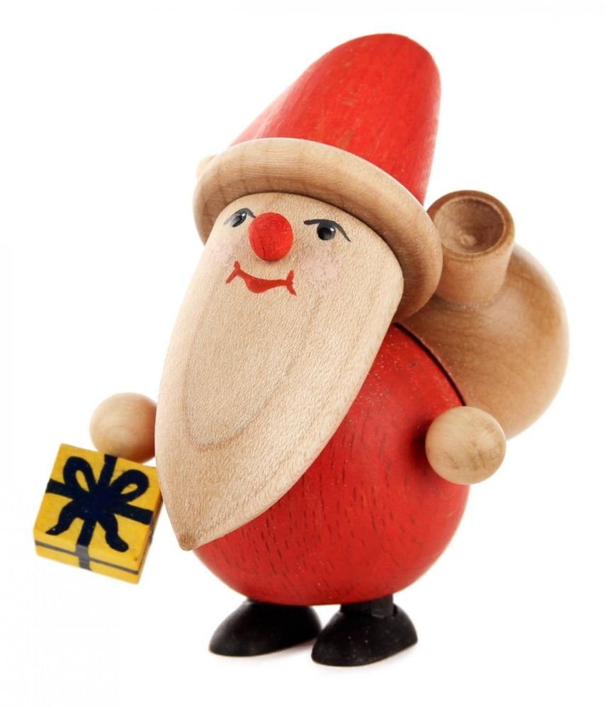 Dregeno Erzgebirge Weihnachtsfigur Miniatur Weihnachtsmann mit Päckchen H=9cm NEU, mit Geschenkesack und Paket