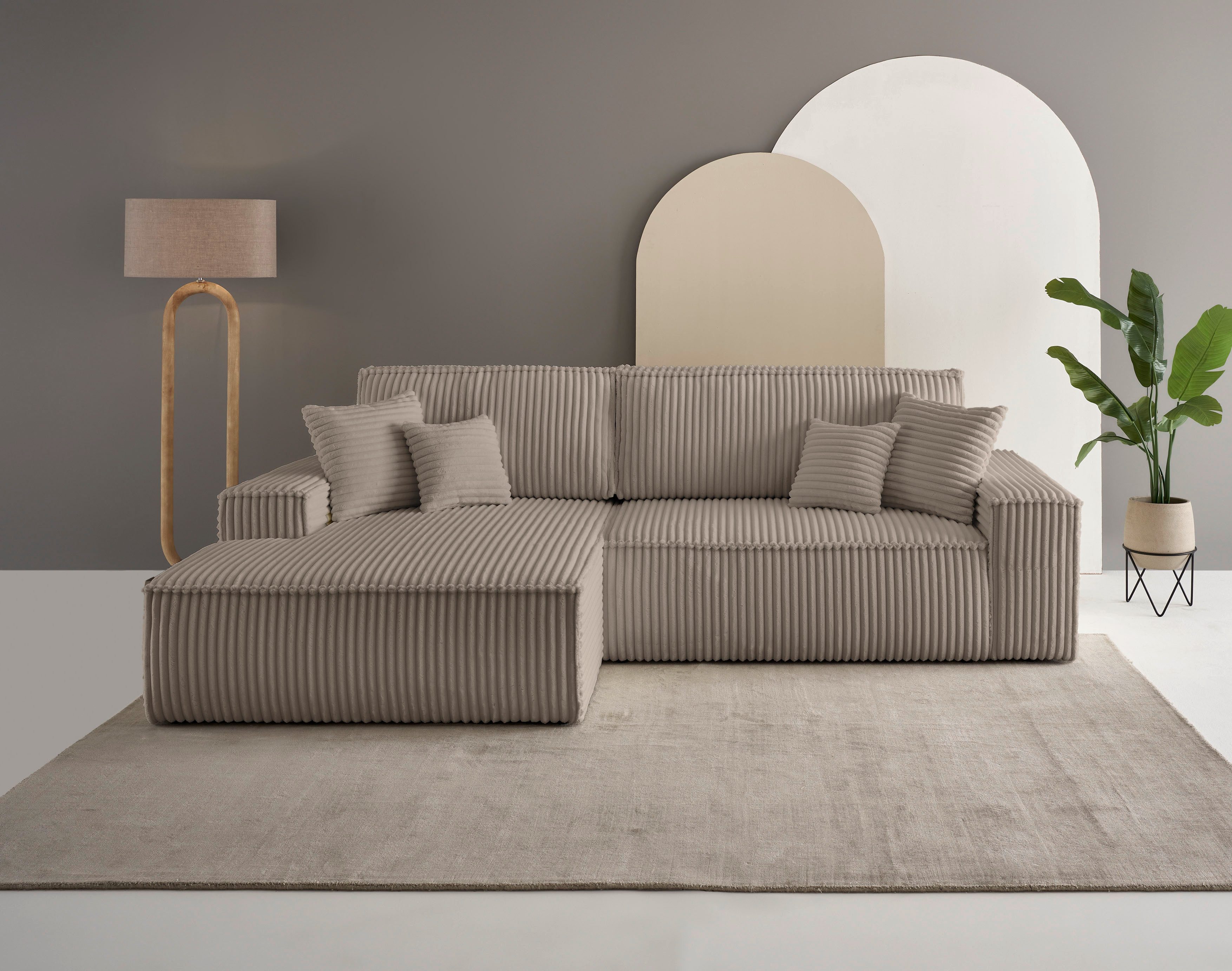 OTTO home Ecksofa FINNLEY, L-Form 257 cm, Schlafsofa, mit Bettkasten, in Bouclé, Struktur fein und Mega Cord