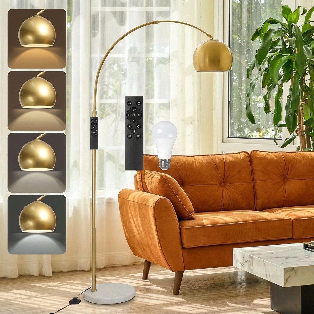 Jibenhome LED Stehlampe Gold ARC Stehleuchte mit Marmorsockel und verstellb günstig online kaufen