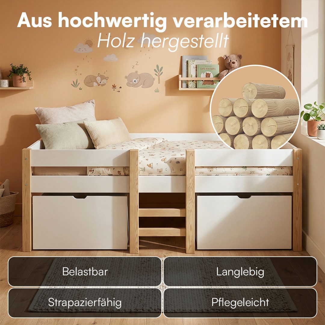 Bellabino Hochbett Aspy mit Rausfallschutz und Lattenrost 90x200 cm (natur / weiß, mit 2 Schubladen, optional mit Matratze) verfügbar in verschiedenen Ausführun – Bild 5 von 5