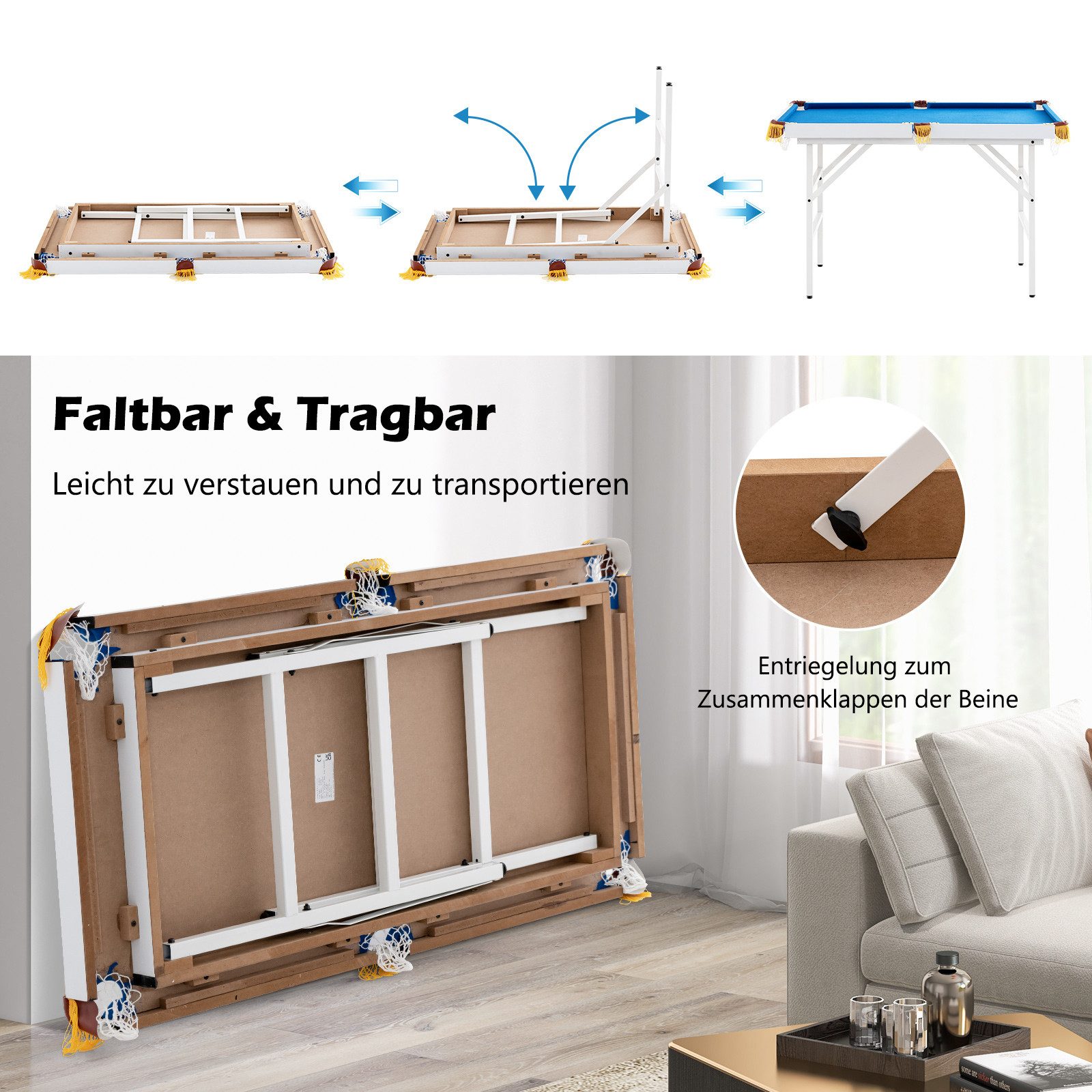 COSTWAY Billardtisch, 122cm klappbar Spieltisch mit 2 Queue, Kugelset