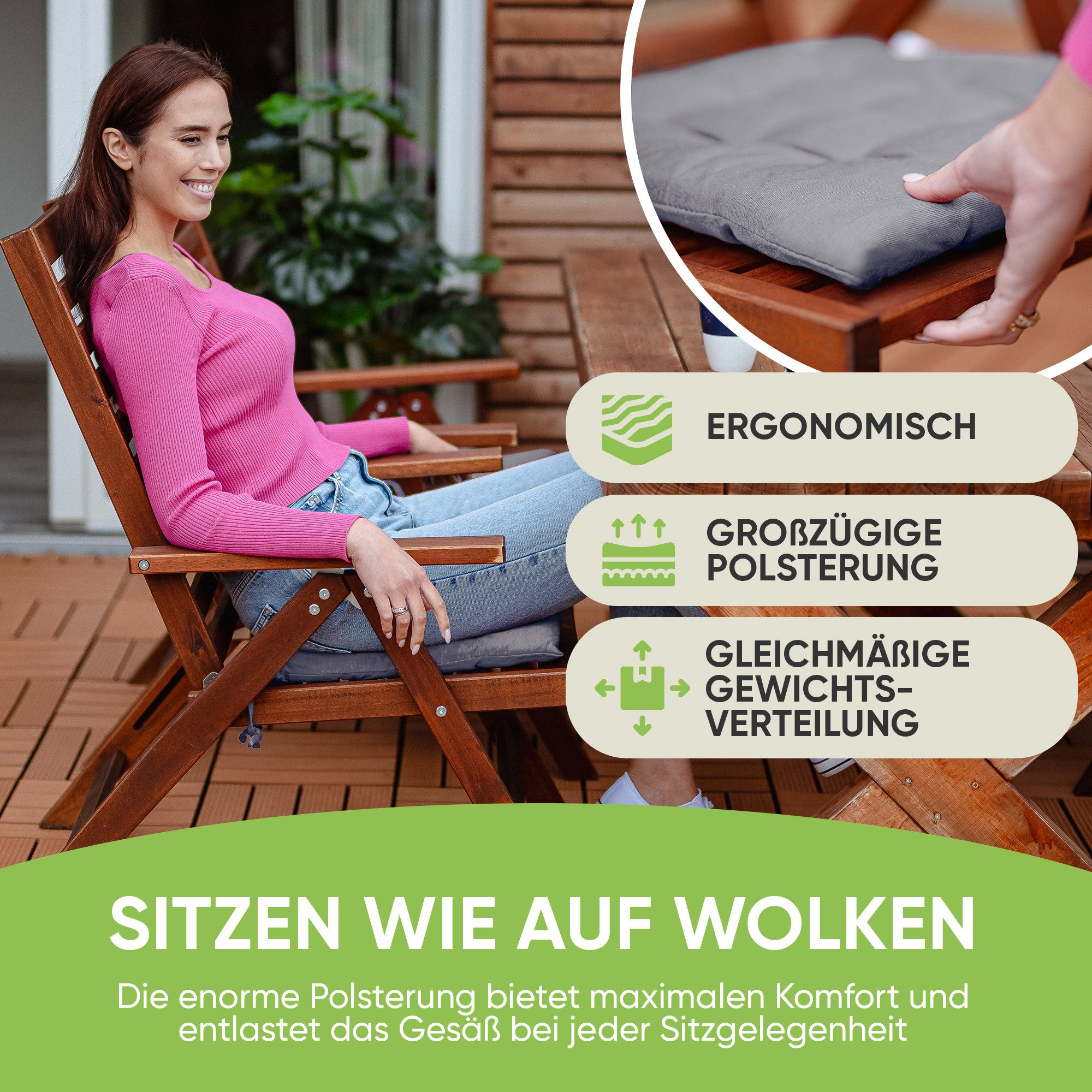 Gräfenstayn Stuhlkissen Sitzkissen 40x40cm Haltebänder Indoor Outdoor, robustes Sitzkissen für Indoor & Outdoor, mit Haltebändern