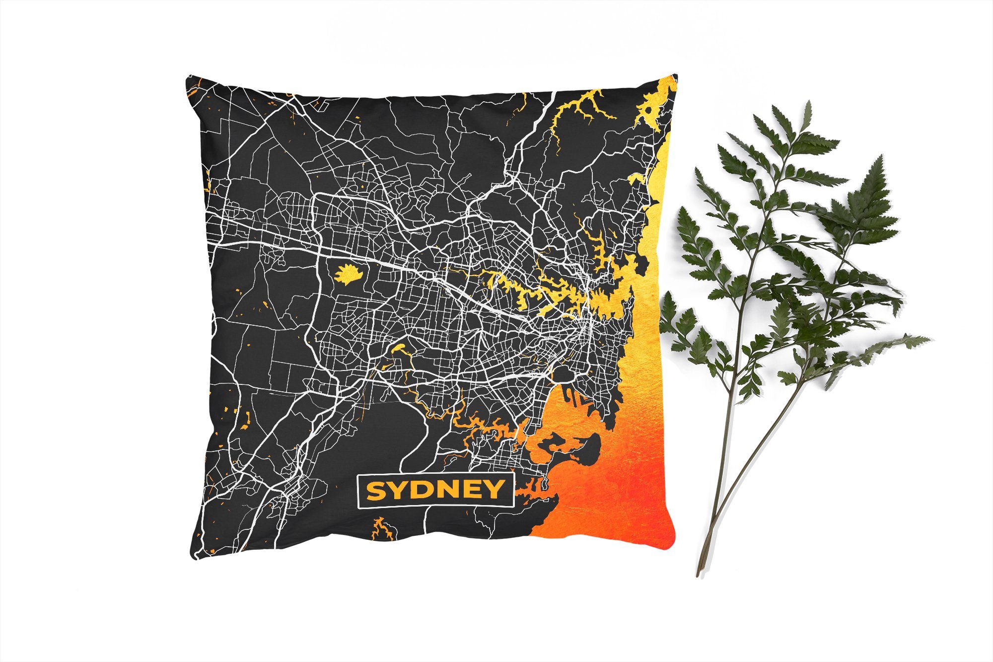 MuchoWow Dekokissen Sydney - Gold - Karte - Stadtplan, Zierkissen mit Füllung für Wohzimmer, Schlafzimmer, Deko, Sofakissen