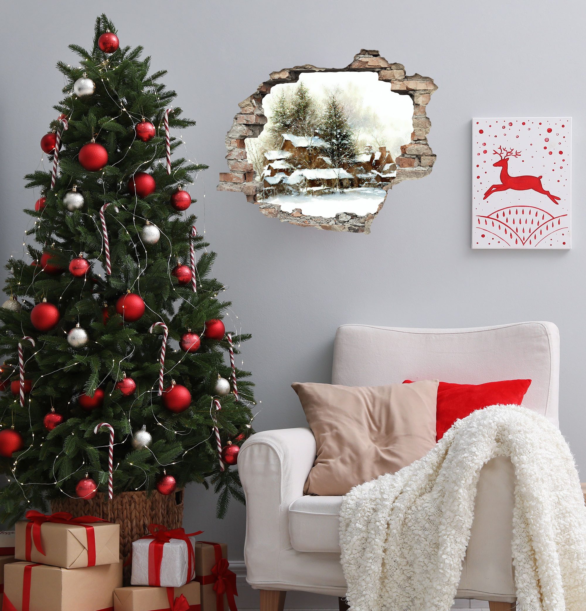 queence 3D-Wandtattoo Häuserlandschaft im Schnee (1 St), selbstklebender Wandsticker Weihnachten