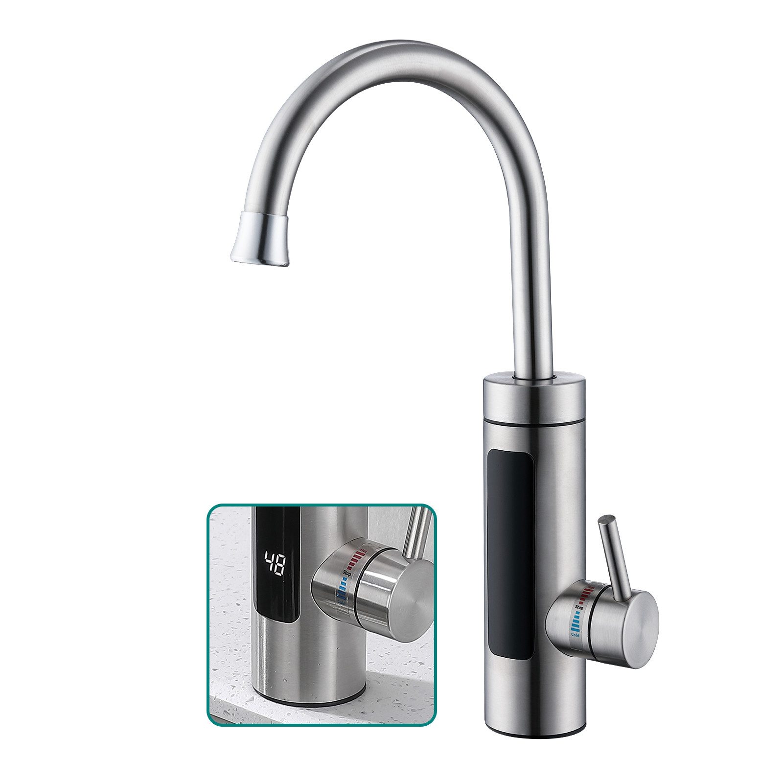 HOMELIVE Küchenarmatur Elektrische Durchlauferhitzer, Smart Heater Wasserhahn 360° drehbar (mit LED-Anzeige) kaltem und heißem Wasser Wasserhahn,Gebürstet