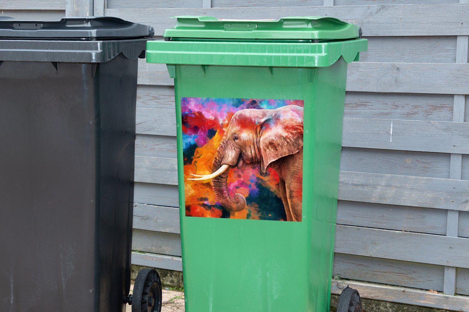 Mülleimer-aufkleber, Regenbogen - Mülltonne, Gemälde Sticker, - Wandsticker MuchoWow Öl Elefant Abfalbehälter - (1 St), Container,
