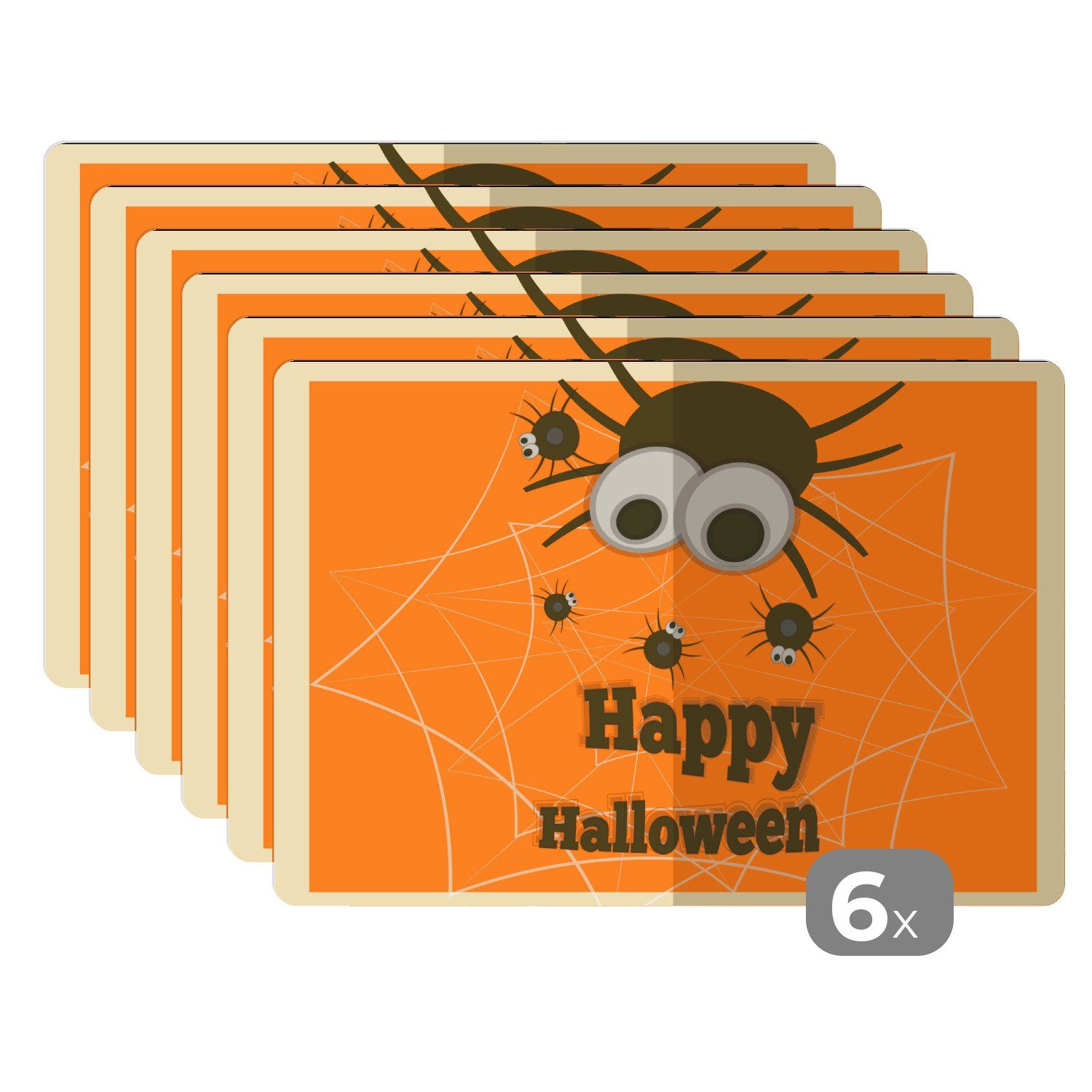 Platzset, Happy Halloween' mit Spinnen auf orangem Hintergrund, MuchoWow, (6-St), Platzset, Platzdecken, Platzmatte, Tischmatten, Schmutzabweisend