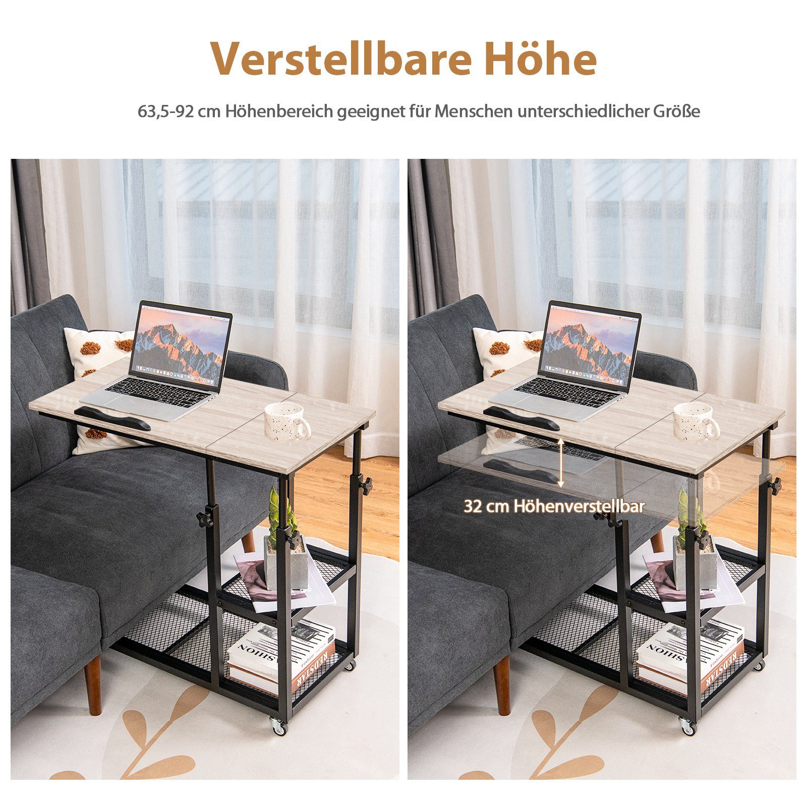 COSTWAY Laptoptisch, Bett, mit Rollen&Ablage, höhenverstellbar, neigbar