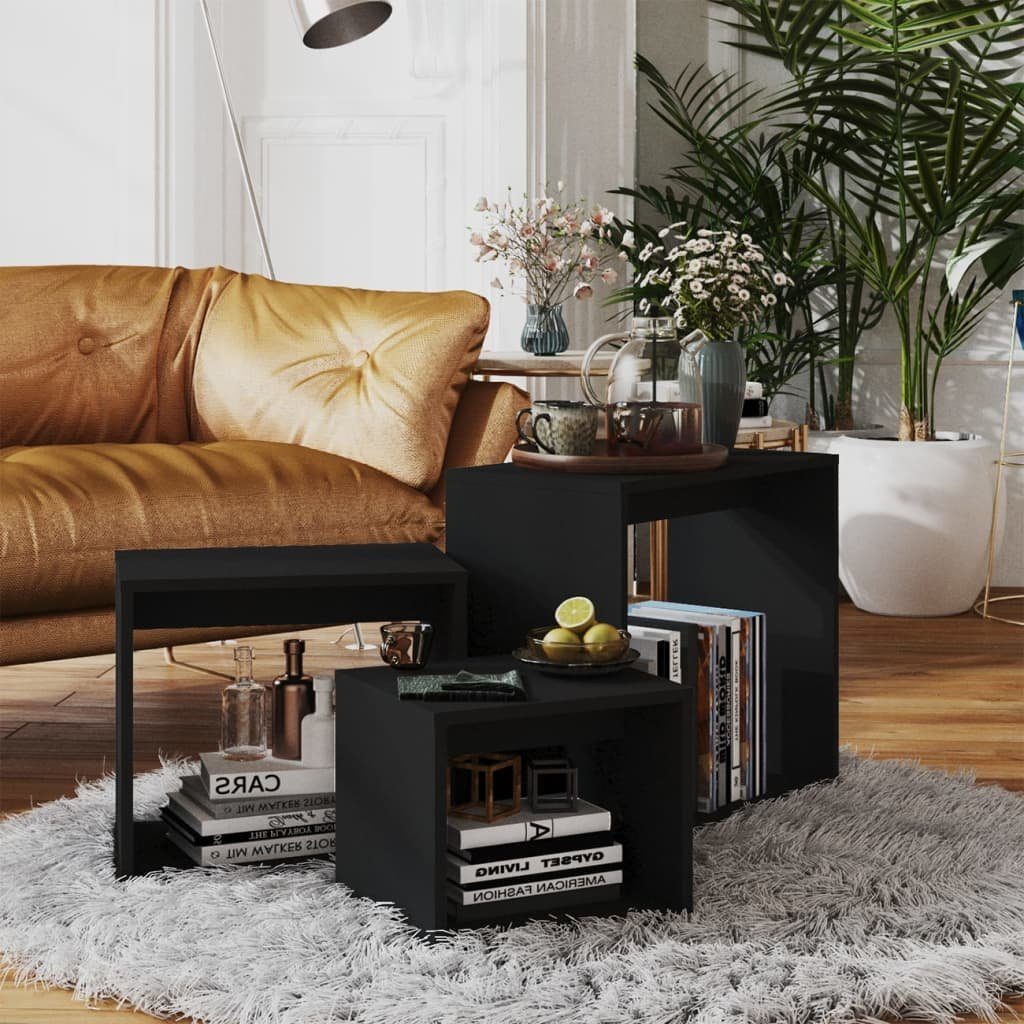 furnicato Satztisch Beistelltisch-Set Schwarz 55x30x50 cm, 44x30x39 cm, 34x30x28 cm (3-St), Stapelbare Couchtische aus Massivholz mit Ablage für das Wohnzimmer