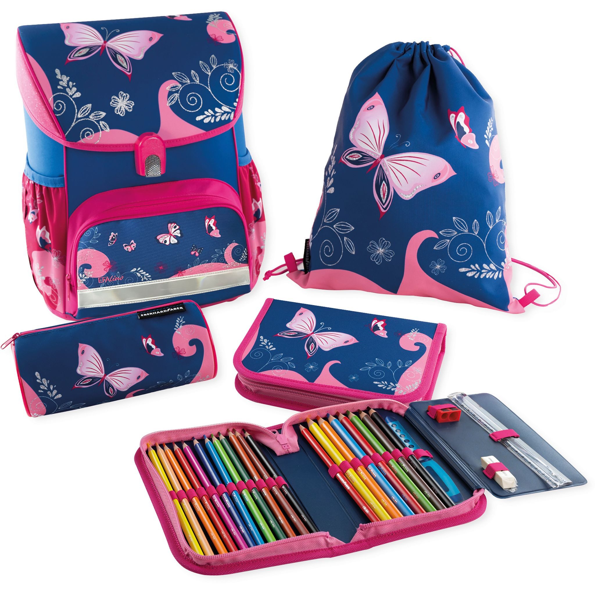 Eberhard Faber Schulranzen EBERHARD FABER Schulranzen Set EFAlino SCHMETTERLING 4-teilig