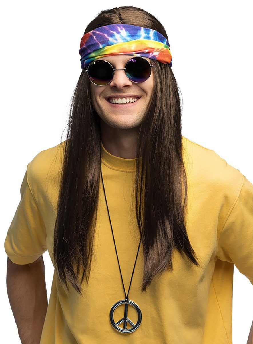Boland Kostüm-Perücke Hippie Set mit Perücke - Karneval Faschingskostüm, Voll peaciges Zubehör für langhaariger 68er