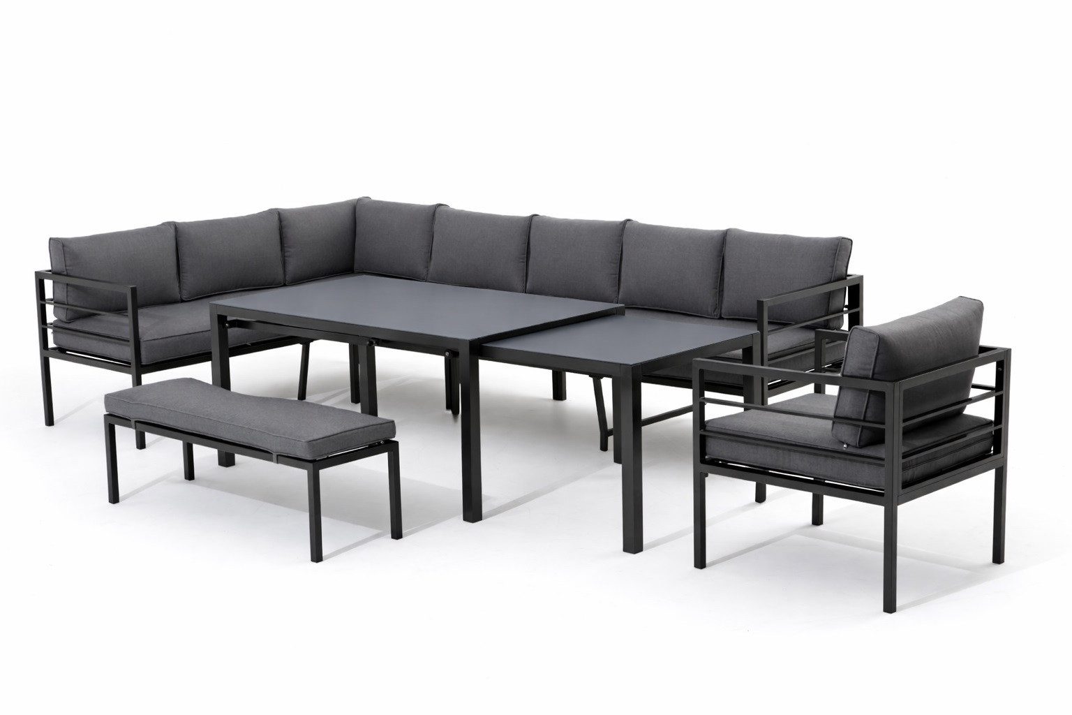 Gardissimo Gartenlounge-Set Larino Gartenmöbelset Tisch ausizehbar Dining Lounge Alu, (Spar-Set, 4-tlg., Alu, Ecklounge, ausziehbarer Esstisch, Sessel, Bank, inkl. Auflagen), ausziehbarer Tisch, verstellbares Kopfteil, spiegelverkehrt montierbar