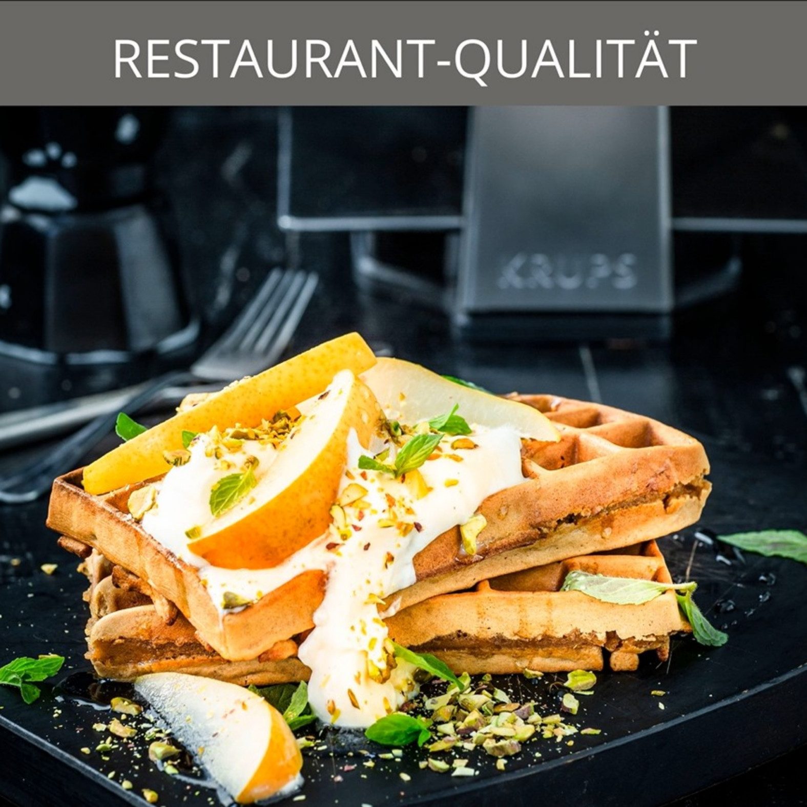 Krups Waffeleisen Professional, für 2 dicke Waffeln, spülmaschinengeeignete Platten, 1200 W, 7 Bräunungsstufen und Vorheizfunkion, drehbar, Auffangschale, FDD95D