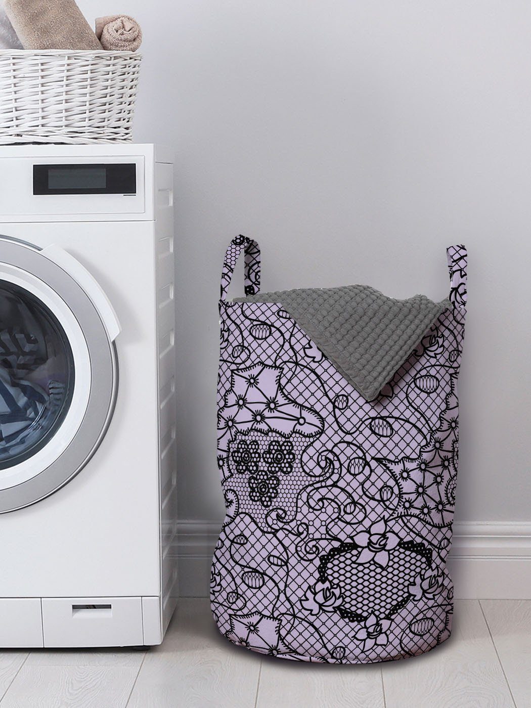 Wäschekorb gotisch Motiv Waschsalons, mit Abakuhaus für Feminine Wäschesäckchen Victorian Griffen Kordelzugverschluss