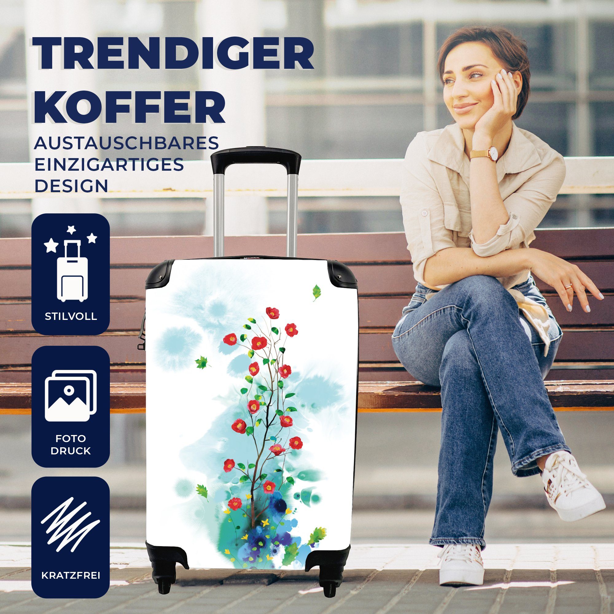 rollen, MuchoWow Rollen, Hintergrund, von für Reisetasche weißem Handgepäckkoffer Ferien, Blumen Kunst Illustration auf Reisekoffer Handgepäck 4 Trolley, mit