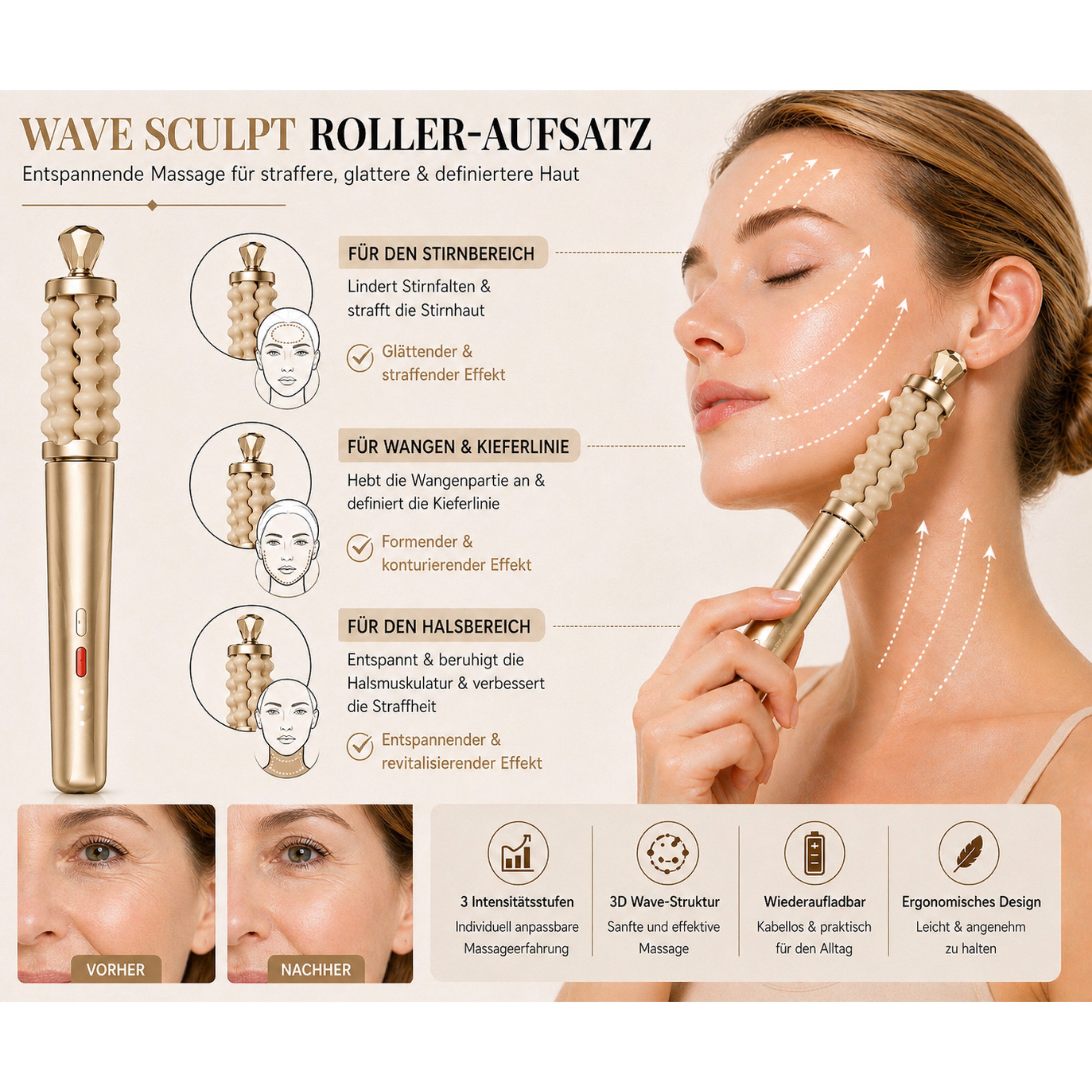 Lalano`S Cosmetics Gesichtsmassagegerät 2-in-1 Beauty Massager Anti-Aging-Gerät Sculptlift Pro, Set, 1 Handstück, 2 Aufsätze, 1 USB Kabel, Kabellos, wiederaufla – Bild 5 von 5