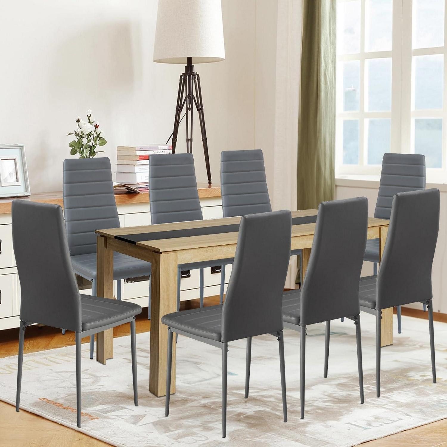 LuxusKollektion Essgruppe Esstisch 8 Stühle 160CM-Eiche-Schwarz Tisch 8 Dunkelgrau Stühle
