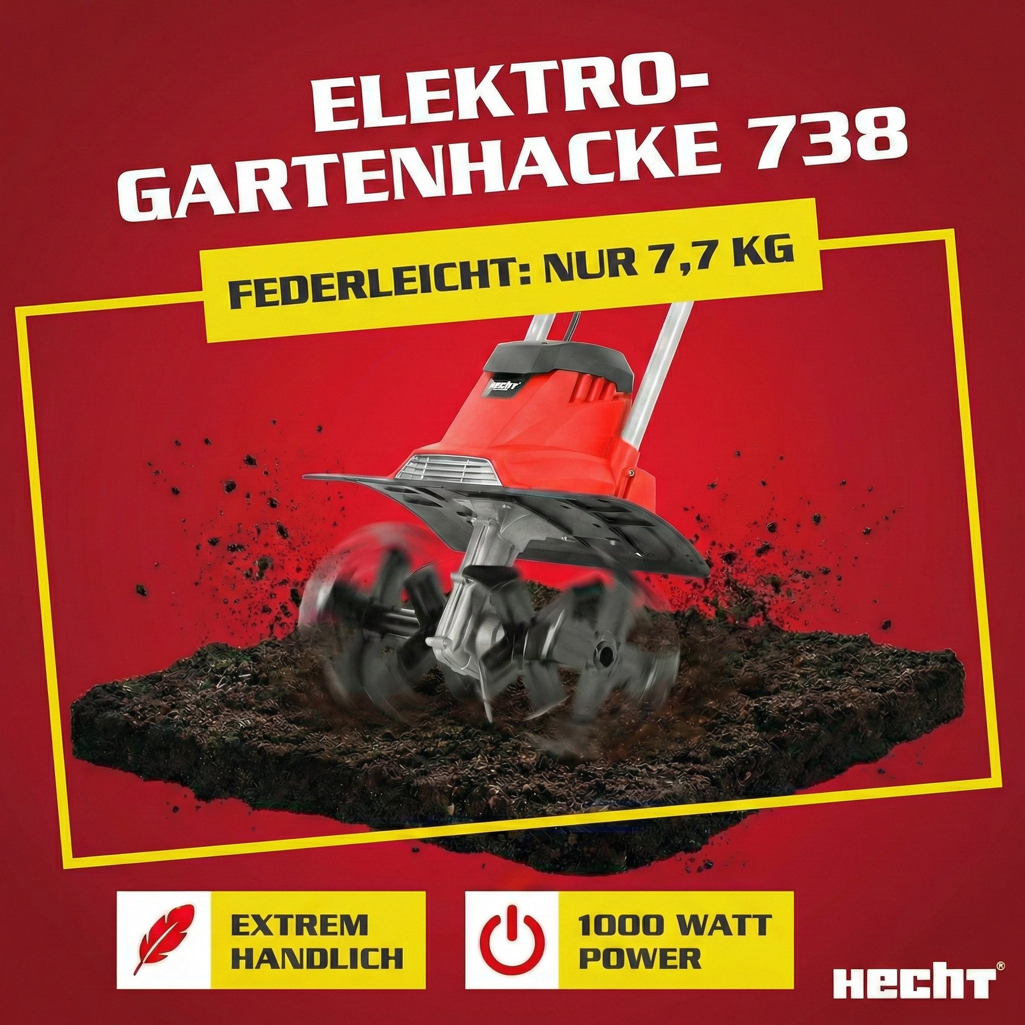Hecht Elektromotorhacke Gartenfräse 1000 W 16 Messer Motorfräse, Gartenhacke, 36,50 cm Arbeitsbreite, 20 cm Arbeitstiefe