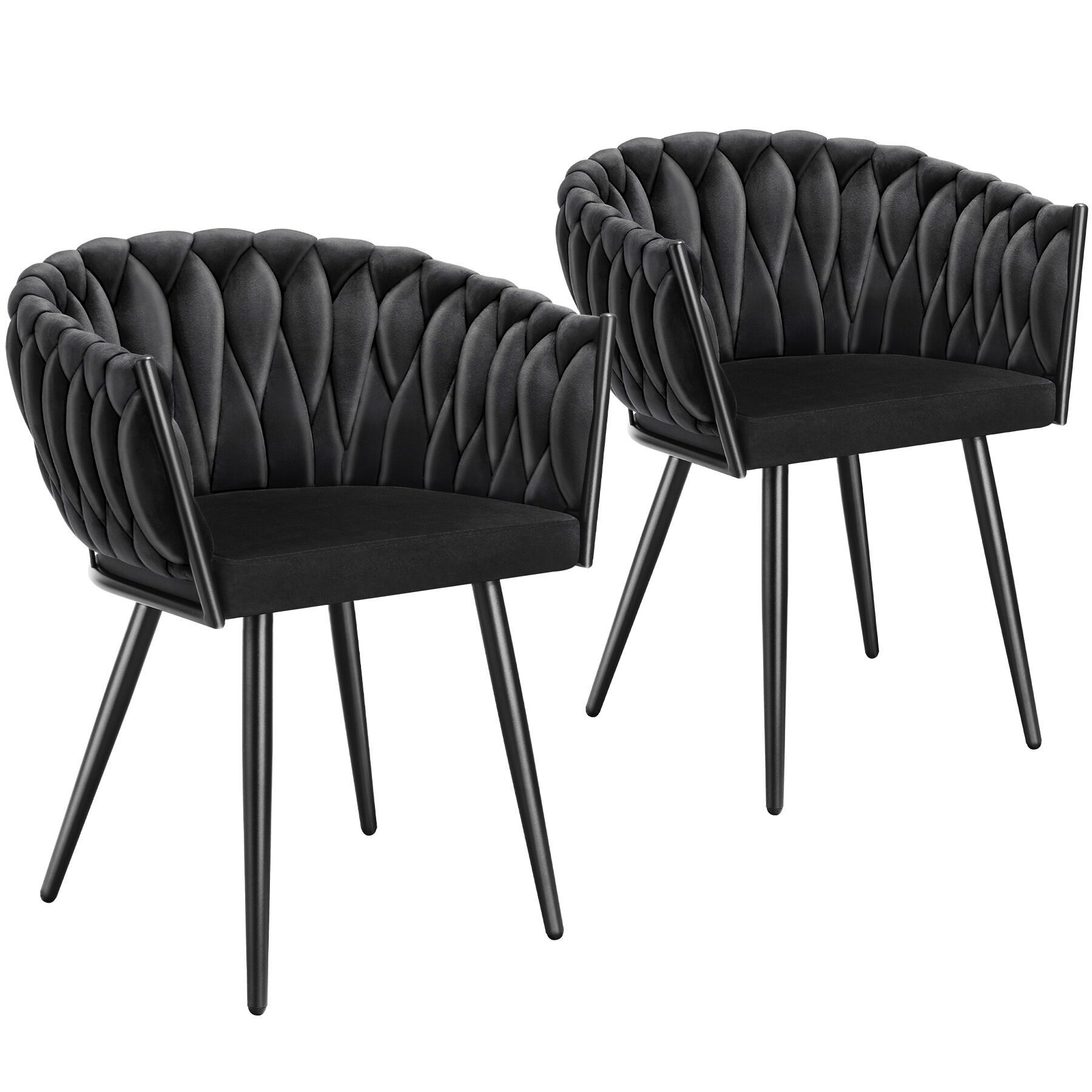 tectake Esszimmerstuhl Samtstuhl gepolstert, mit Samtbezug, Knotendesign, 60,5 x 55 x 75 cm (Wohnzimmerstuhl Astano in schwarz, 2 St), Stahlbeine, höhenverstellbare Kunststofffüße, Belastbarkeit 120 kg